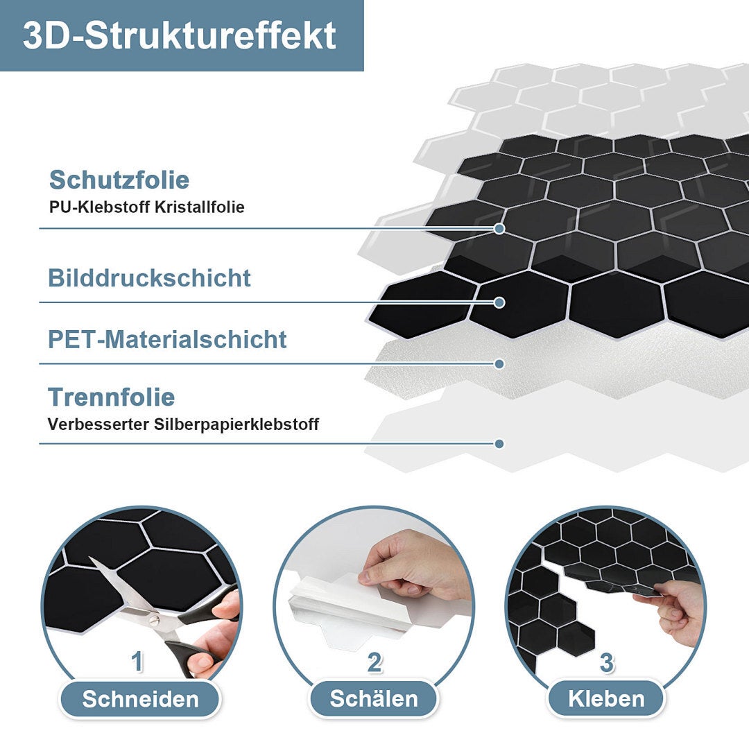 Hexagon czarne płytki samoprzylepne 30×30 cm – odporne na olej i wysoką temperaturę – 10 szt.