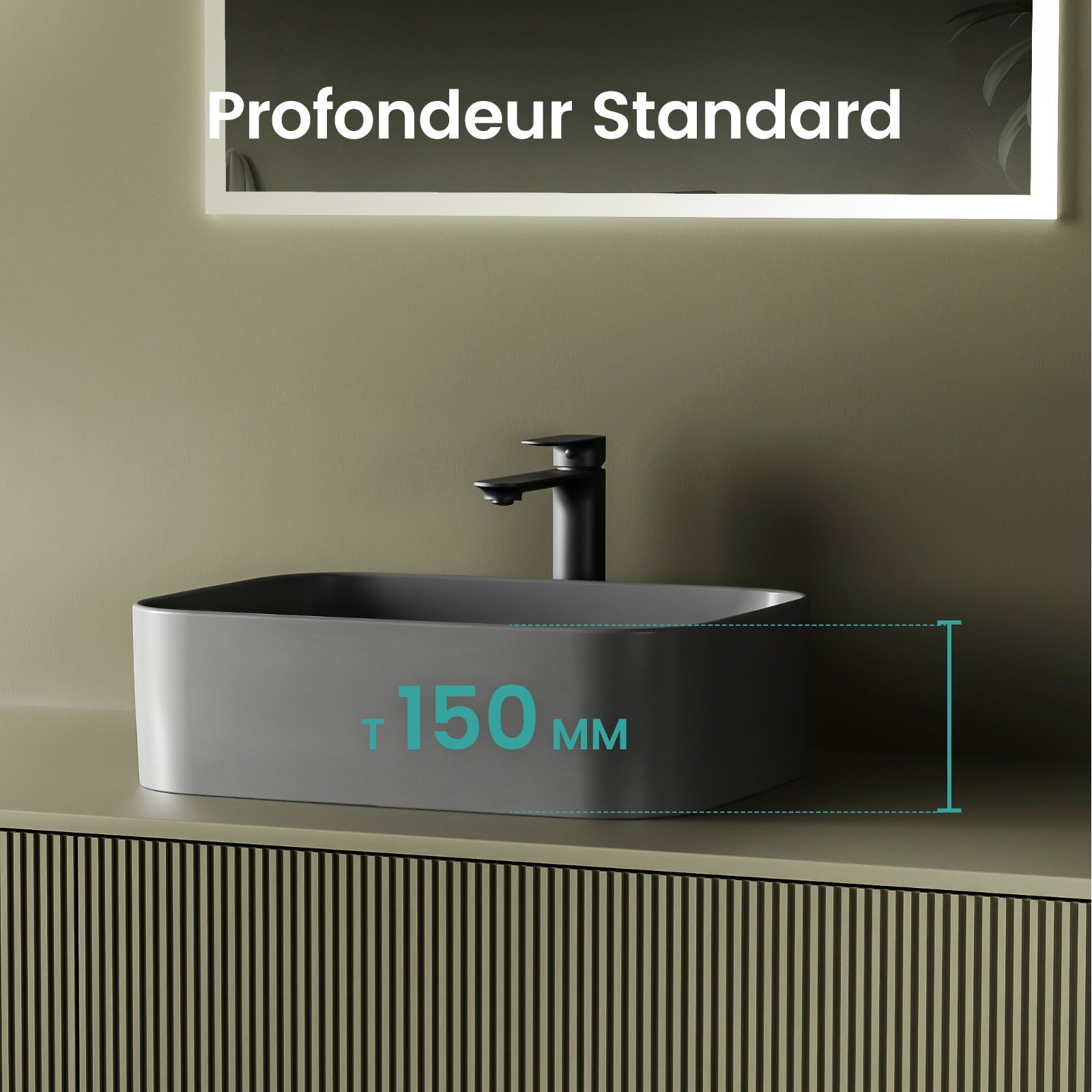 EMKE Vasque à Poser en Céramique rectangulaire 61 x 38 x 15 cm - Gris Foncé Mat - 3