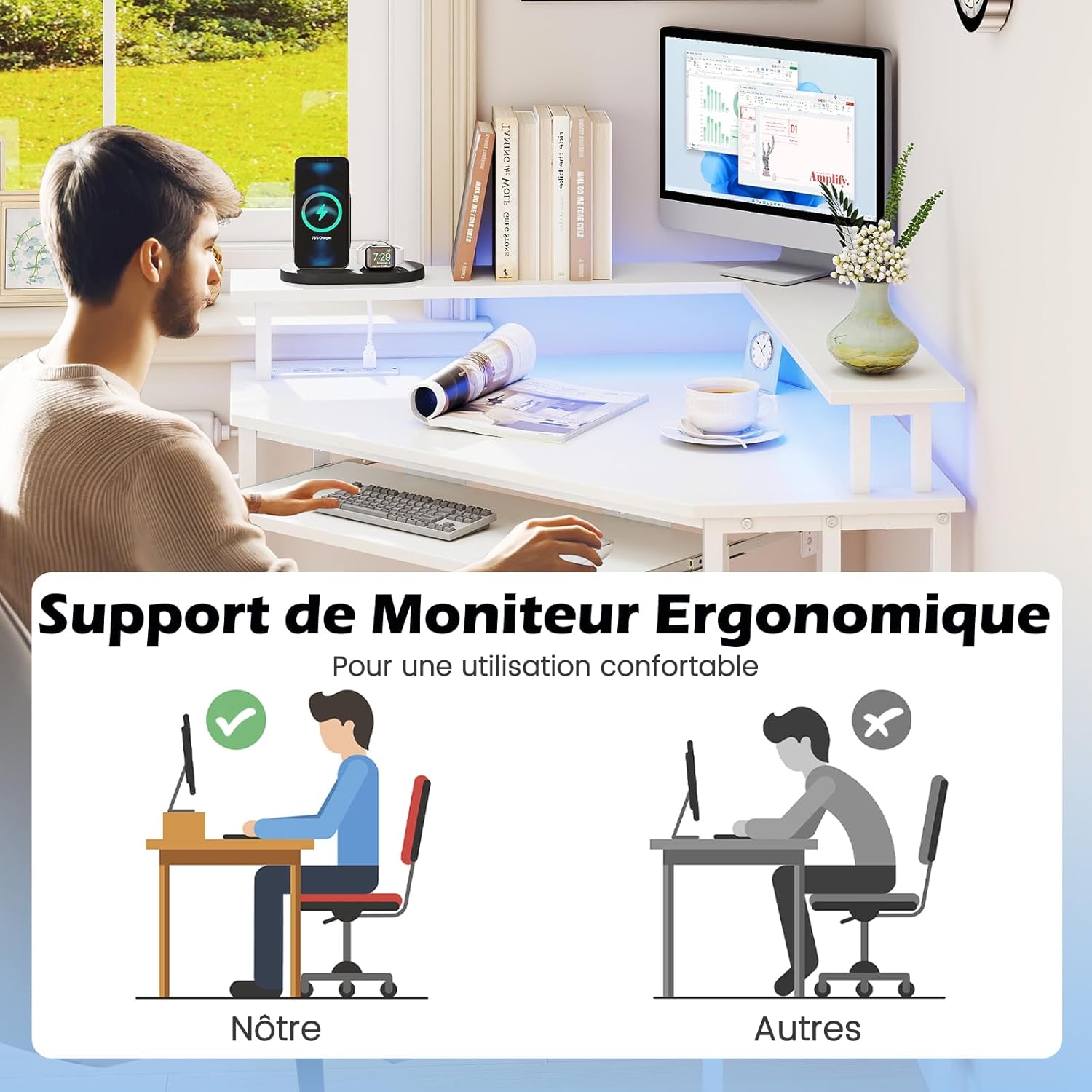 Bureau d'angle avec Station de Charge, Bureau Gaming avec LED, Plateau pour Clavier et Support pour Écran, pour Petits Espaces, Blanc - 6