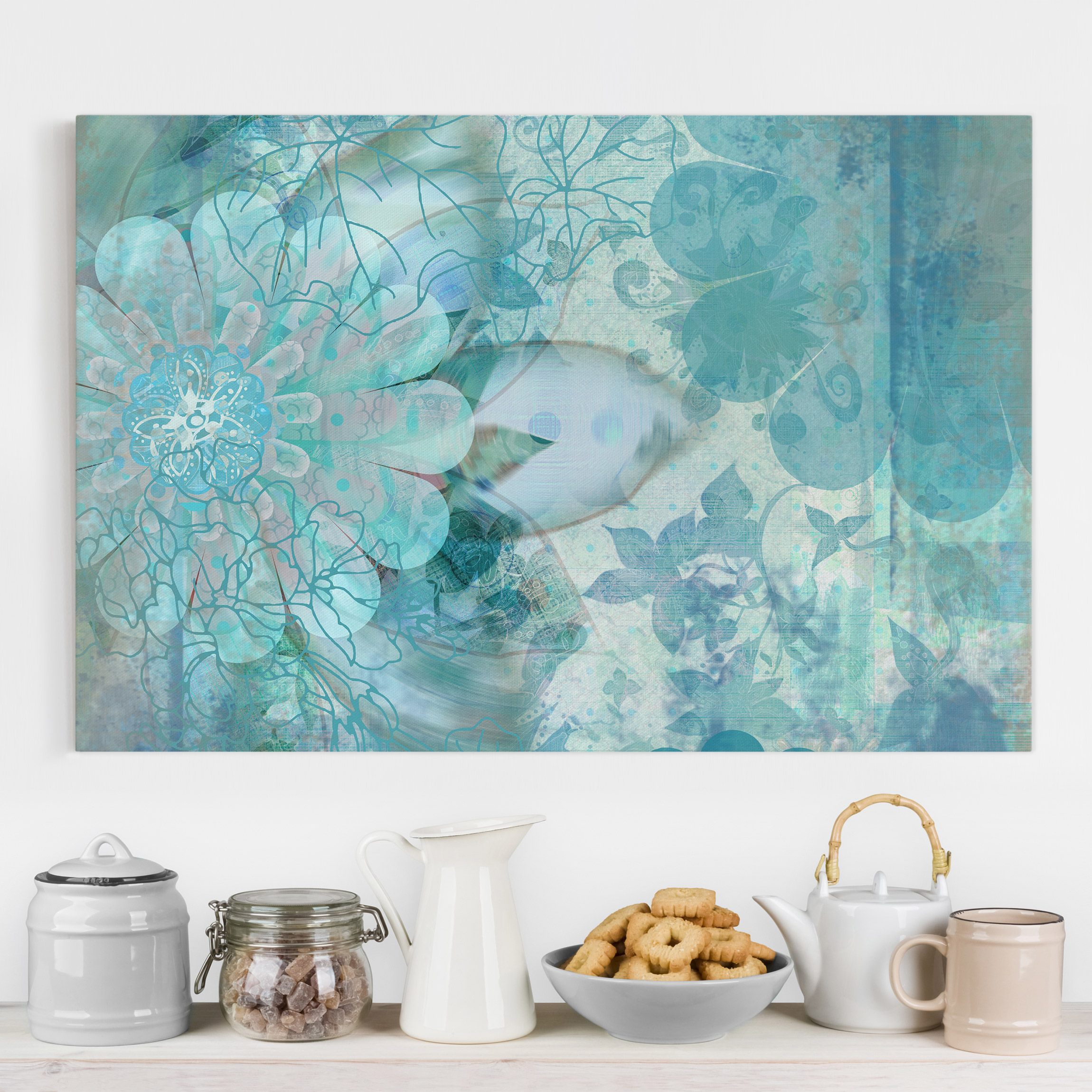 Lienzo cuadro en lienzo bastidor impresion en lienzo azul botánica flor planta arte digital 130 cocina dormitorio salón pasillo 60 x 40 cm