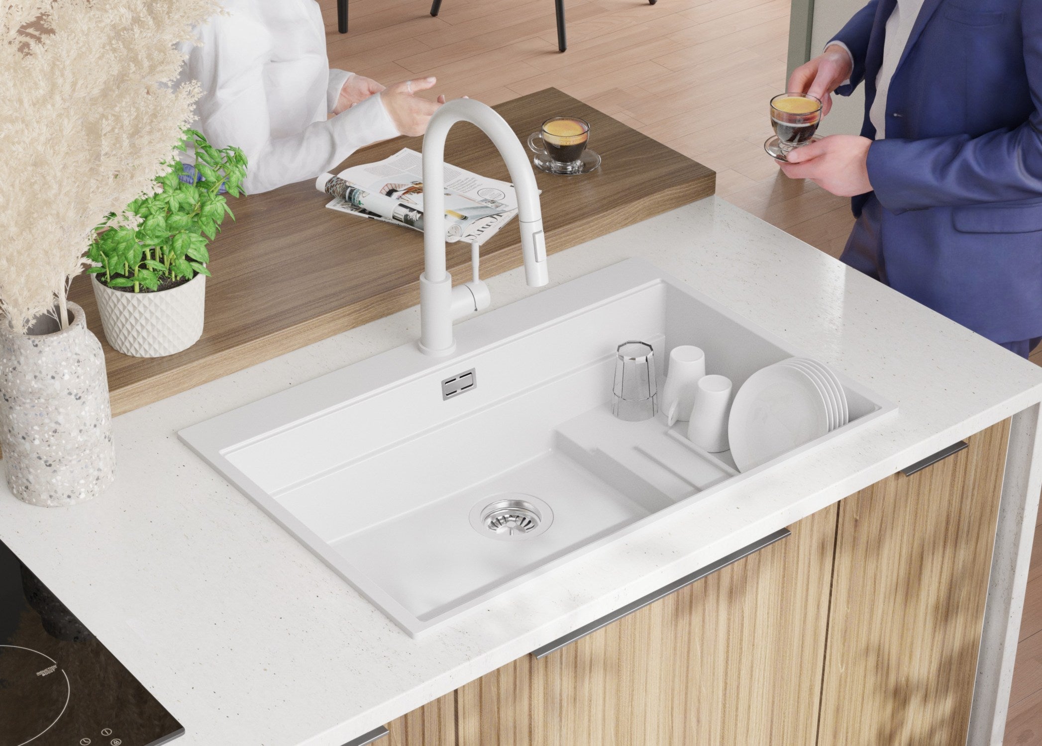 Evier Cuisine en Granit Blanc 78x53cm, Lavabo 1 bac + Kit de Vidage + Accessoires, Évier à Encastrer au meuble 80cm - Oslo Max PRIMAGRAN - 4