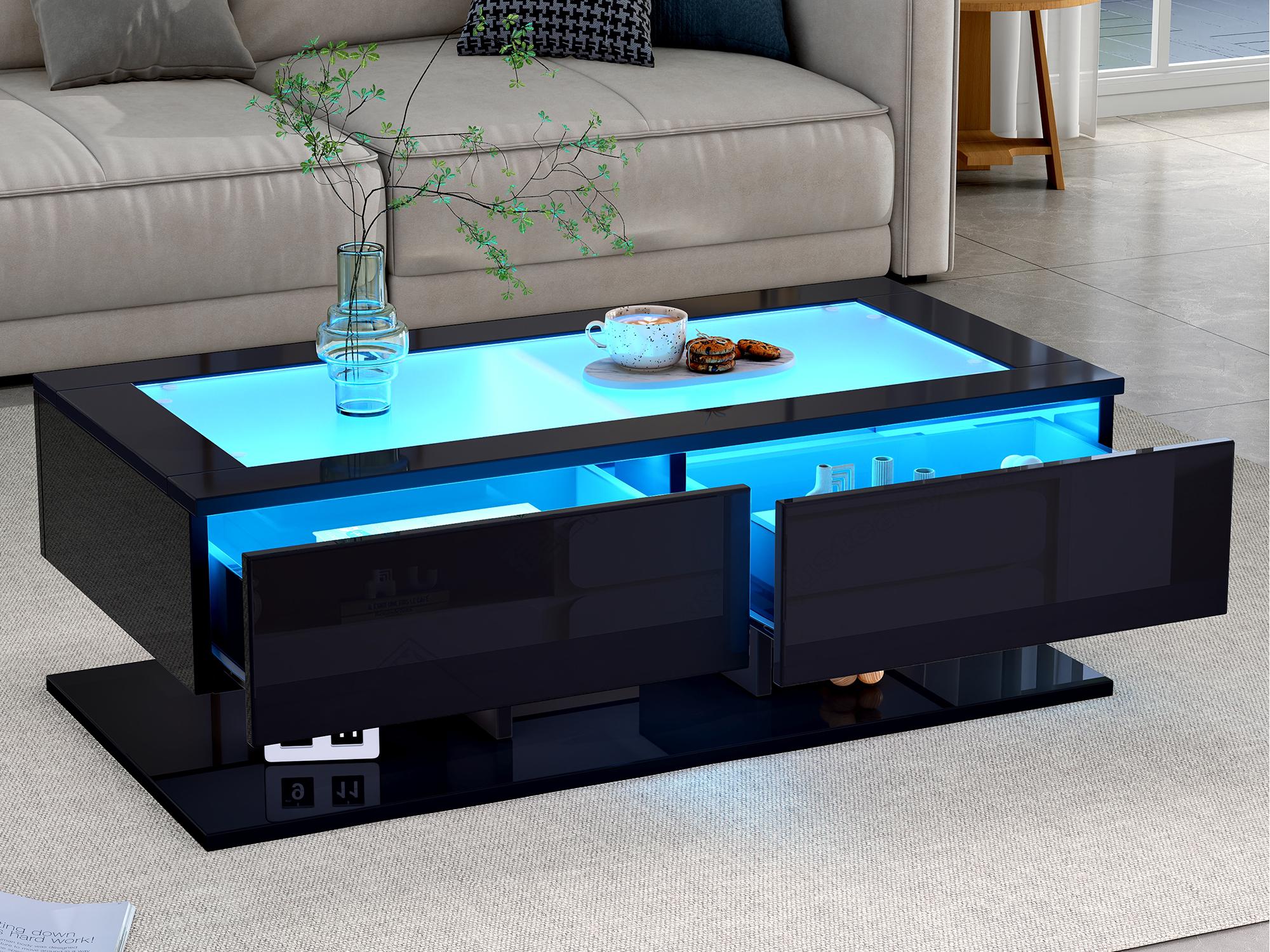 Stolik kawowy z połyskiem 100 x 50 x 35 cm - 2 szuflady - Z oświetleniem LED - Szklany blat - Płyta wiórowa - Czarny