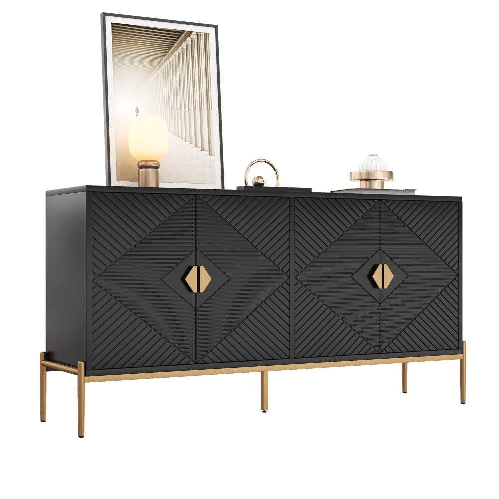 Nowoczesna komoda z 4 drzwiami 162x40x80cm z metalowymi nóżkami w kolorze złotym–komoda o geometrycznym designie i dużą przestrzenią do przechowywania - 2