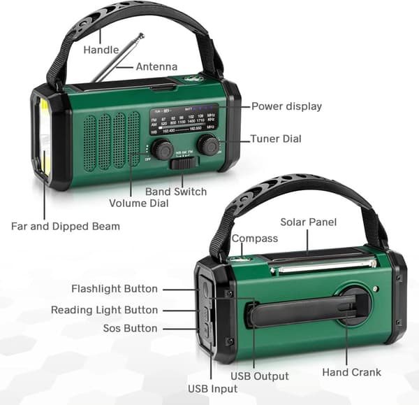 Radio de emergencia con linterna: radio de manivela con energía solar de 10 000 mAh, radio AM/FM/WB, alarma SOS, carga USB-C y brújula incorporada - 8