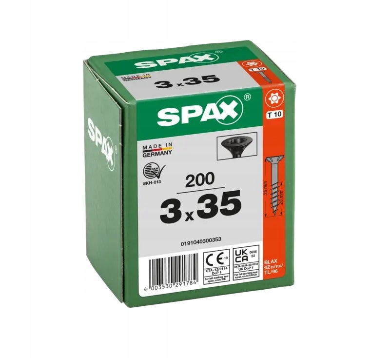Wkręty do drewna SPAX3x35mm torx,niepełny gwint,łeb stożkowy,czarne200szt.