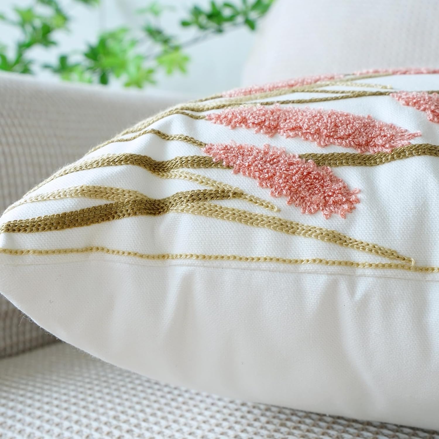 Tissu en coton avec broderie d'herbes de la pampa, style bohème (rose, 45 x 45cm) - 4