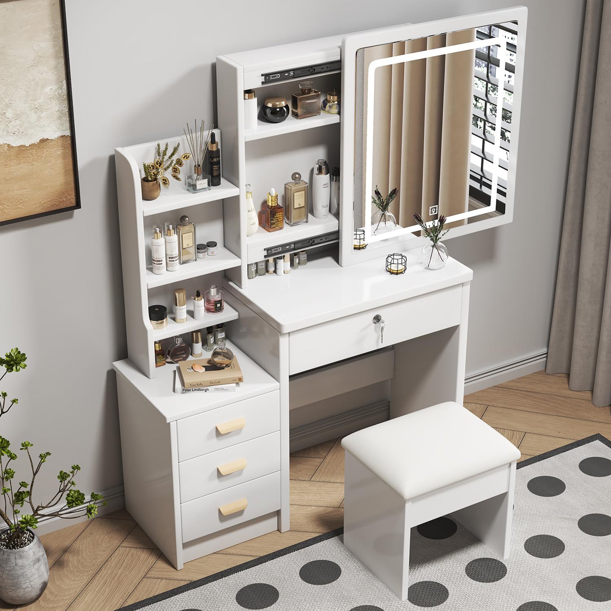 Coiffeuse avec miroir LED en MDF Blanc H. 130 x l. 85 x P. 36 cm - 4
