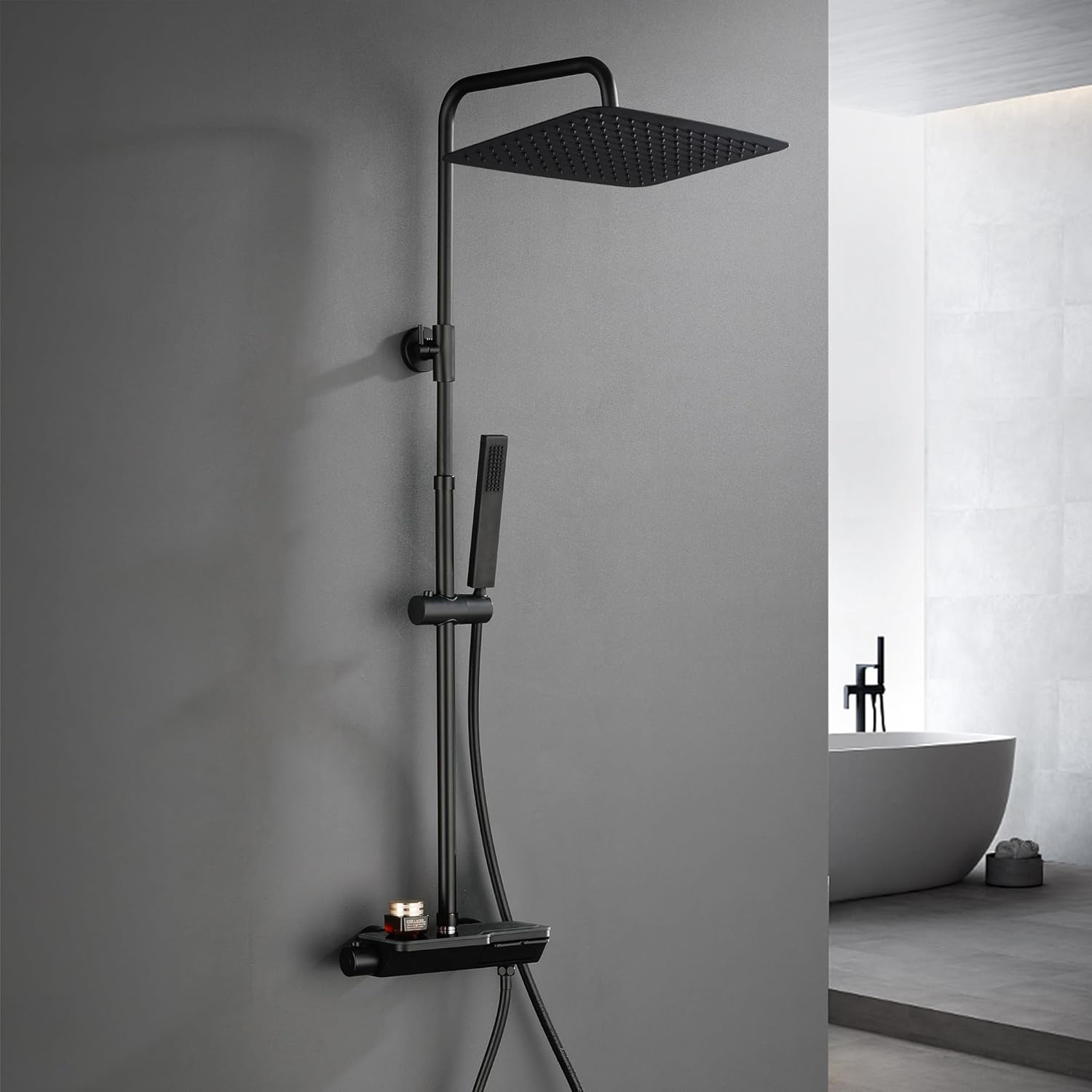 Pommeau De Douche Carré 40cm Noir Acier Inoxydable - Tête De Douche Pluie Anti-Calcaire Rotative 360°