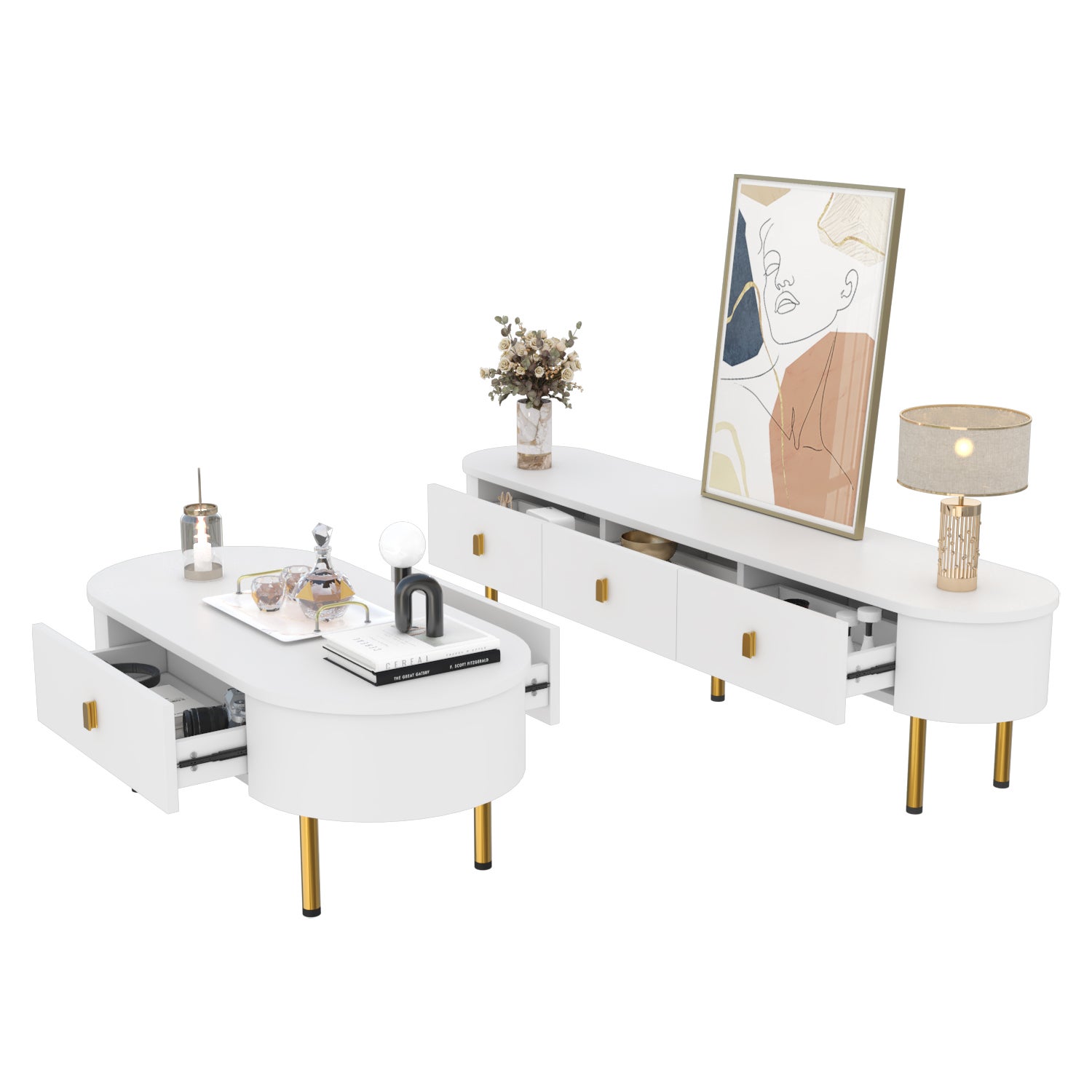 Set soggiorno 2 pezzi - Mobile TV e tavolino - con 4 cassetti - MDF - Bianco - 8