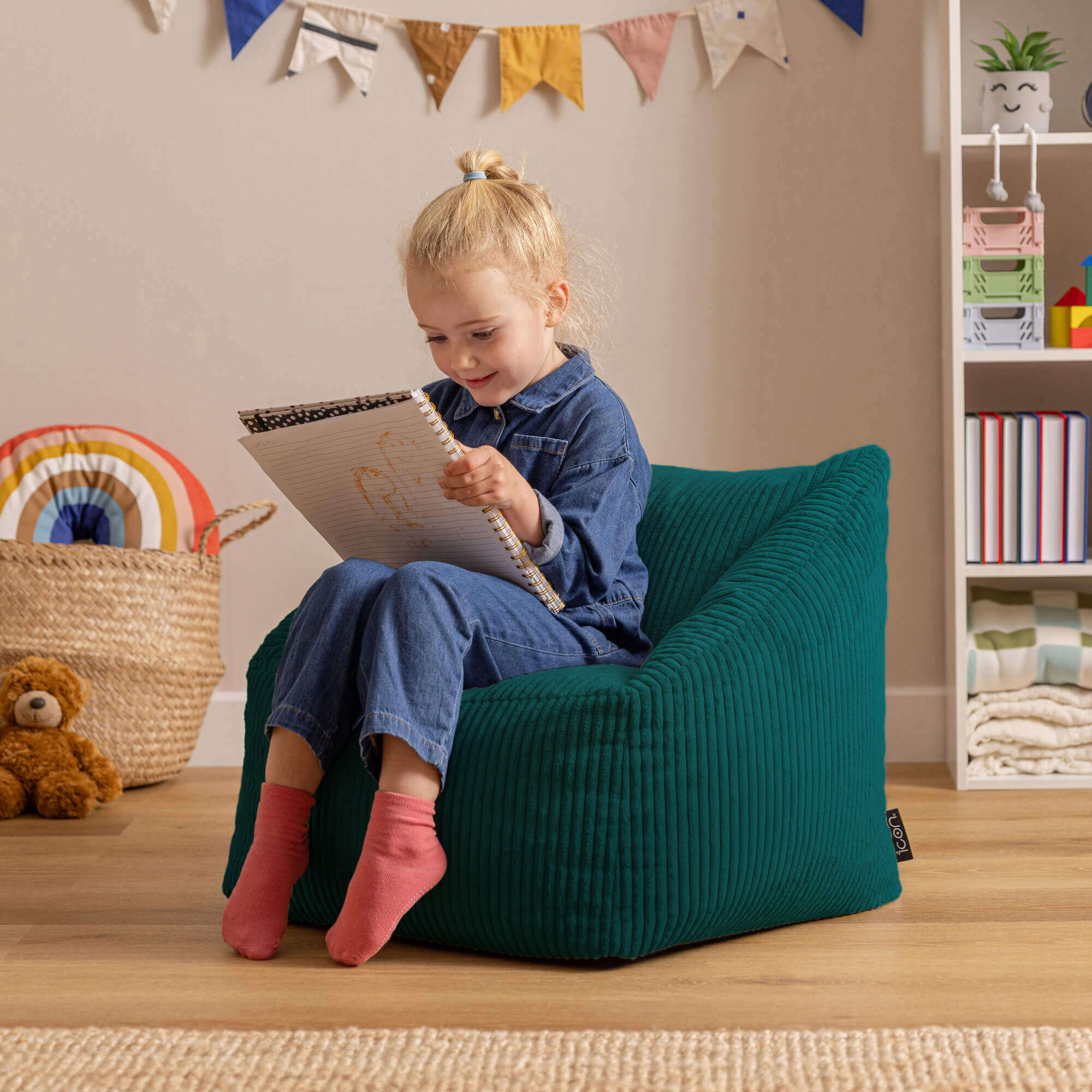 Lot de 2 poufs fauteuils enfant Icon velours côtelé bleu canard, chambre, salon, 55x55xcm Oeko-Tex® - 3