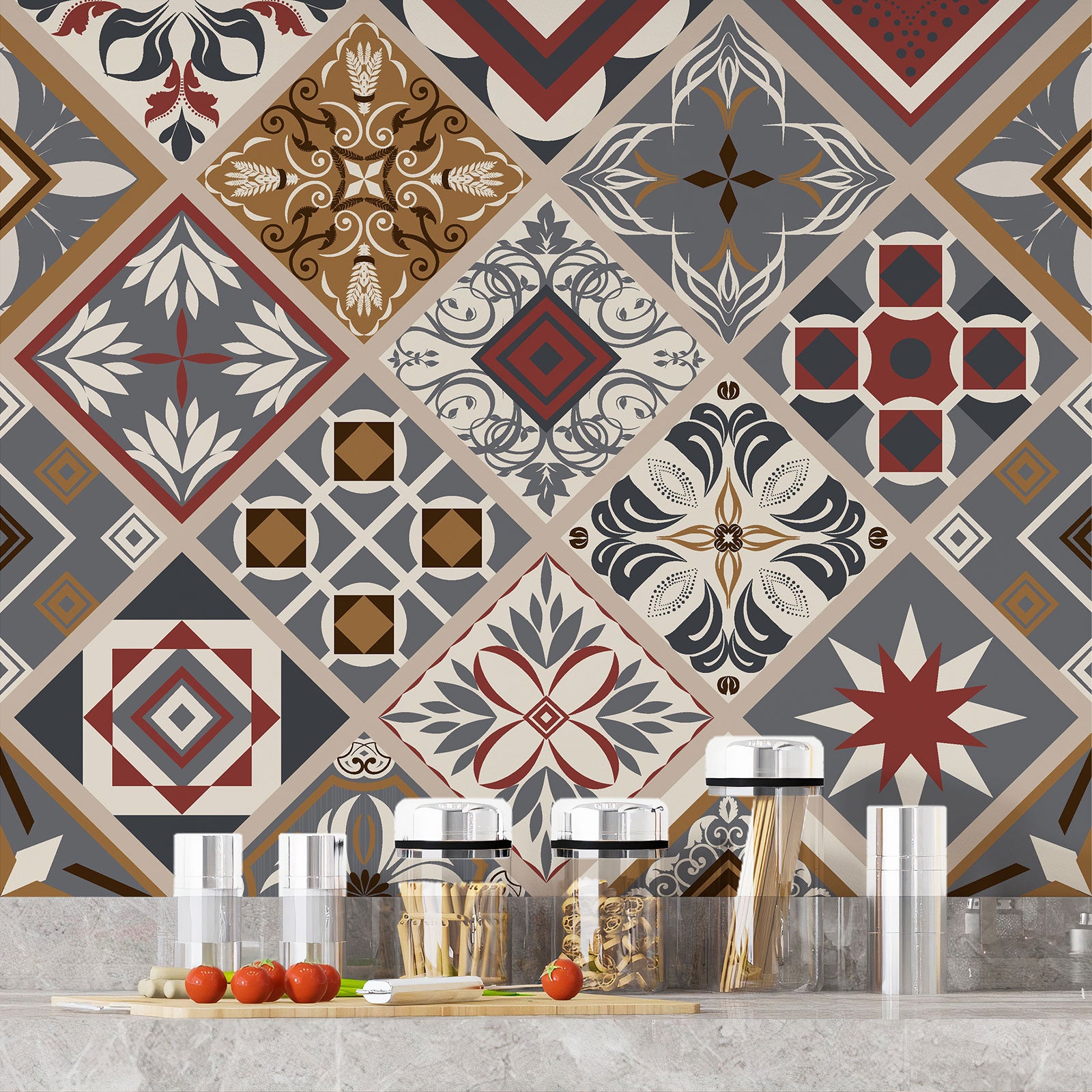 Crédence adhésive sticker pour cuisine - Effet carreaux de ciment - Adhésif MAT - 60x60 cm - 4