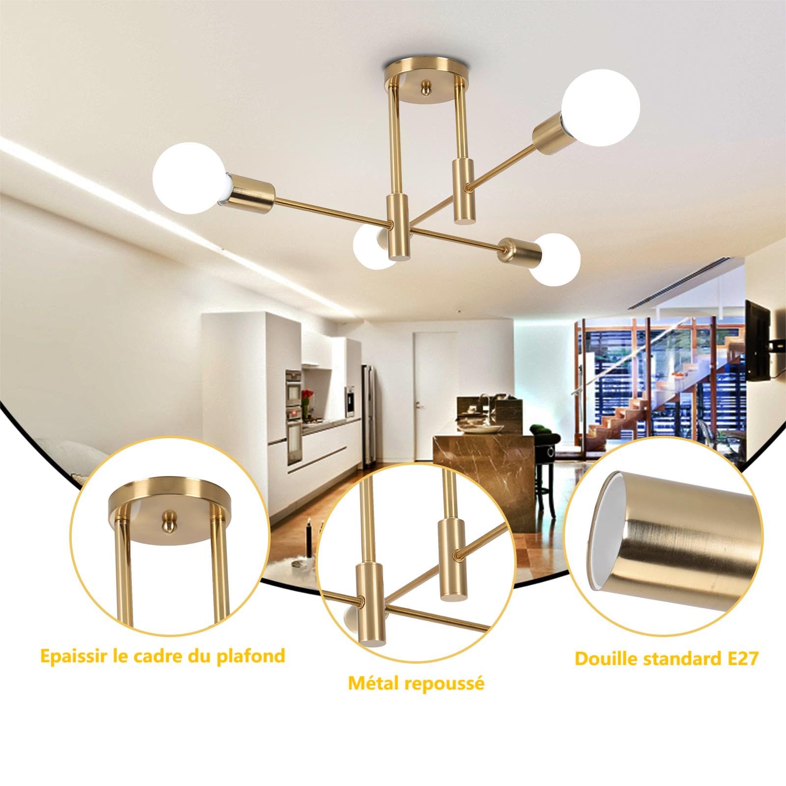 Lampadario Sputnik, lampada a sospensione nordica moderna di metà secolo, lampada da soffitto a 4 luci, rame (lampadina non inclusa) - 6