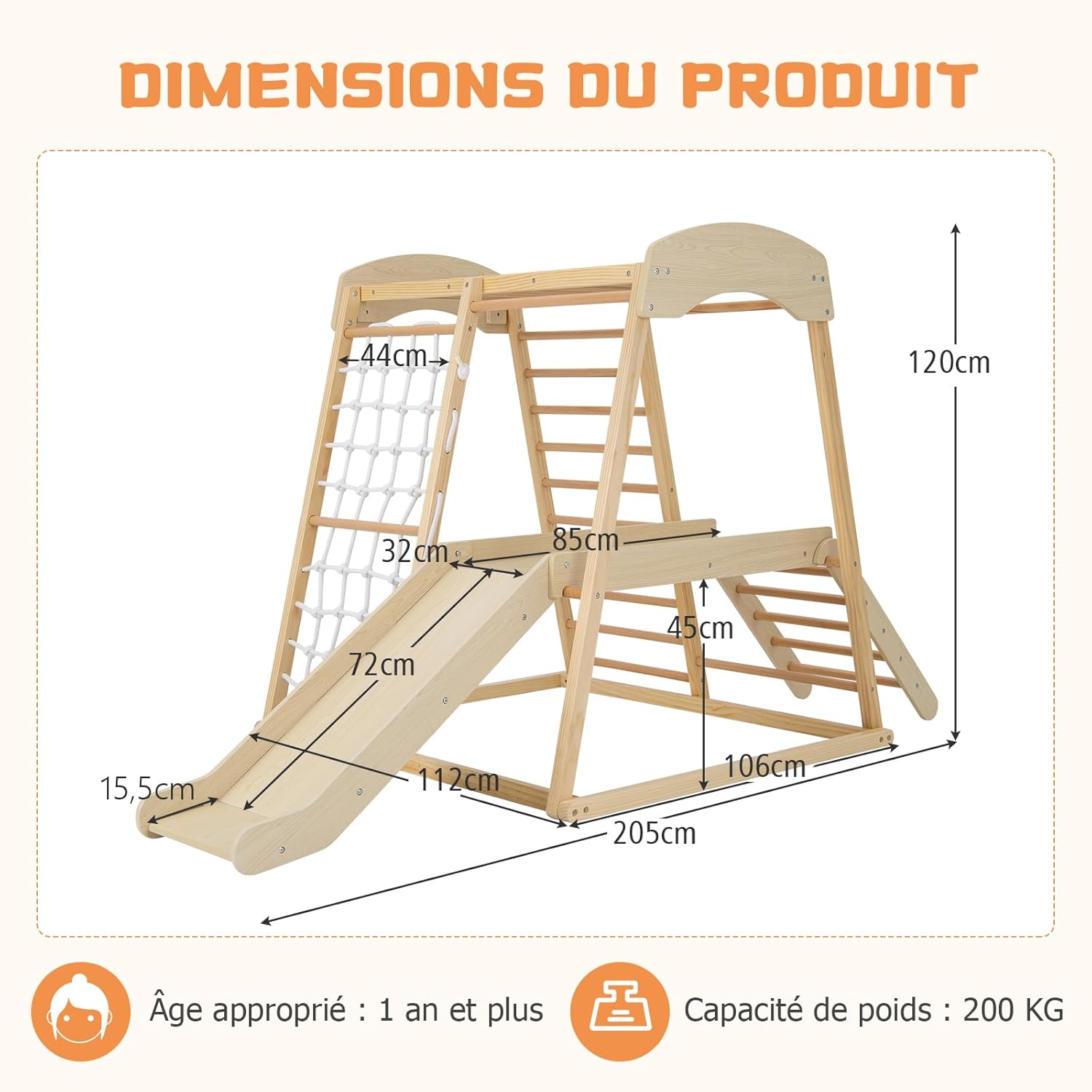 6 en 1 Jeu d'escalade Intérieur, Aire de Jeu en Bois avec Portique, Toboggan, Corde et Échelles, Jeu Montessori avec Ancrages Métalliques pour 1 an+ - 3