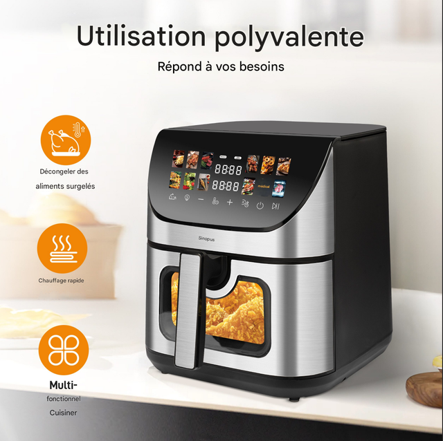 Freidora de aire XXL 8,5L con ventana, pantalla a color, 12 programas, panel táctil LED, limpieza fácil, 1800W, cocina saludable
