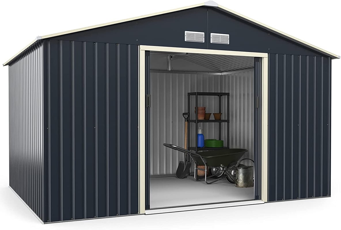 metalowa szopa na narzędzia, 340 x 255 x 210 cm, zamykana, domek ogrodowy z 4 otworami wentylacyjnymi i drzwiami przesuwnymi, na kosiarki, rowery