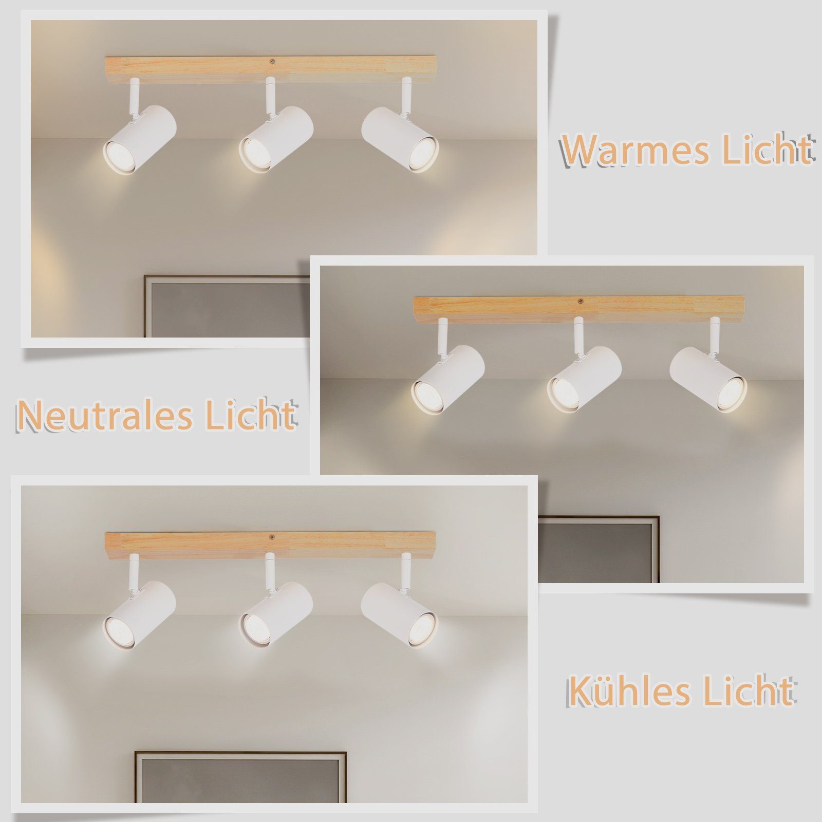 NETTLIFE 3 Focos de Techo Vintage GU10 Modernos de Madera Blanca Giratorios 350° para Dormitorio Salón Oficina Comedor Cocina - 5