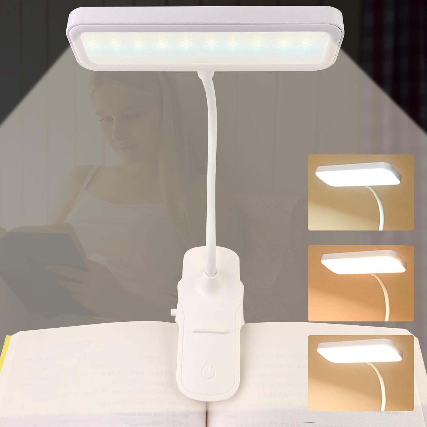 Barwy Lampka do Czytania Lampka Czytania Klipsem USB Akumulatorowa Przenośna Płynna Regulacja Jasności Elastyczne Ramię lampka książki Łóżka Książki