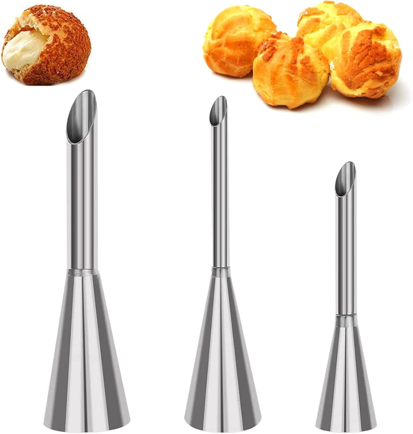 Zestaw 3 końcówek do ciasta Petit Choux, profesjonalne końcówki ze stali nierdzewnej do nadziewania, strzykawka do nadziewania babeczek