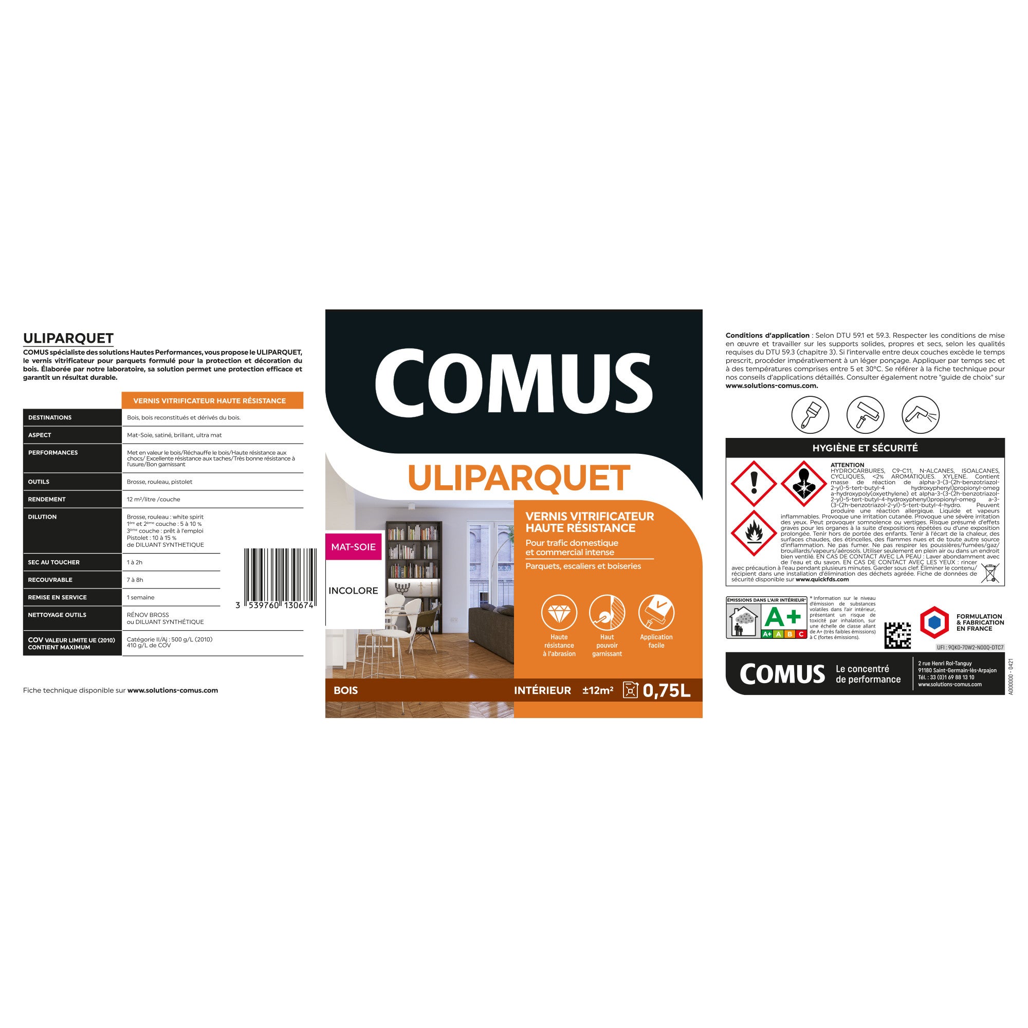 ULIPARQUET SATIN incolore 0.75L - Vernis vitrificateur haute résistance pour trafic domestique - COMUS - 5