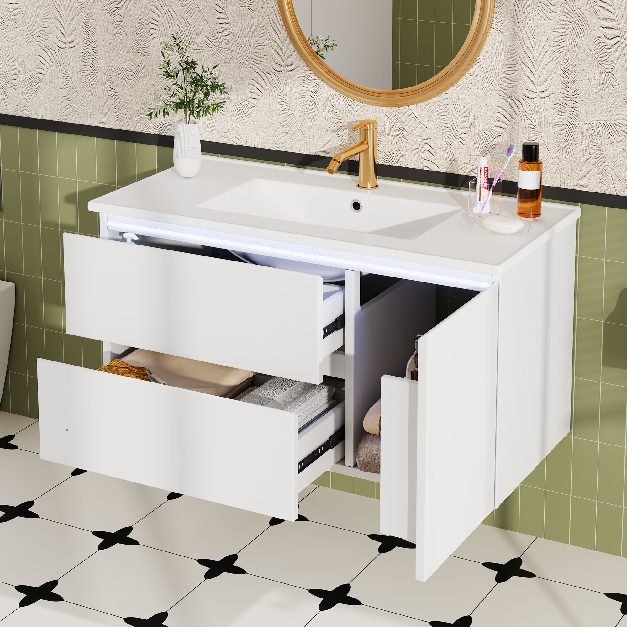 Wiszący mebel łazienkowy 91x46,5x50,5 cm - z ceramiczna umywalką - z oświetleniem LED - 2 szuflady i 1 drzwi - Biały