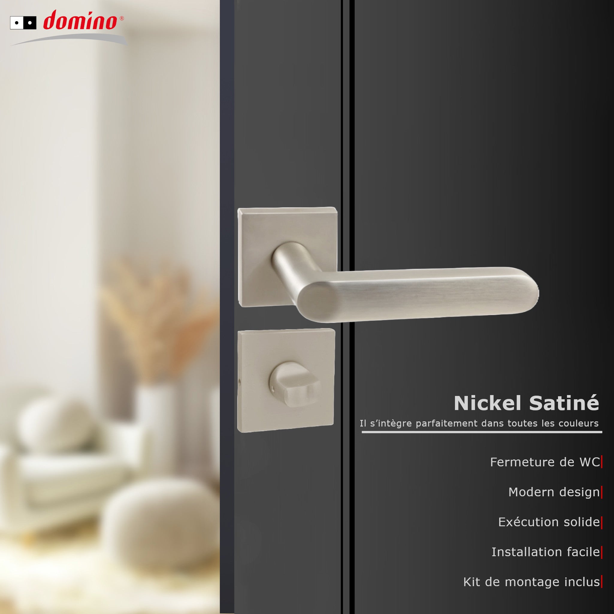 DOMINO Poignée de porte DENVER-QR slim Nickel Satin WC Poignée avec rosace WC Nickel satiné - 2