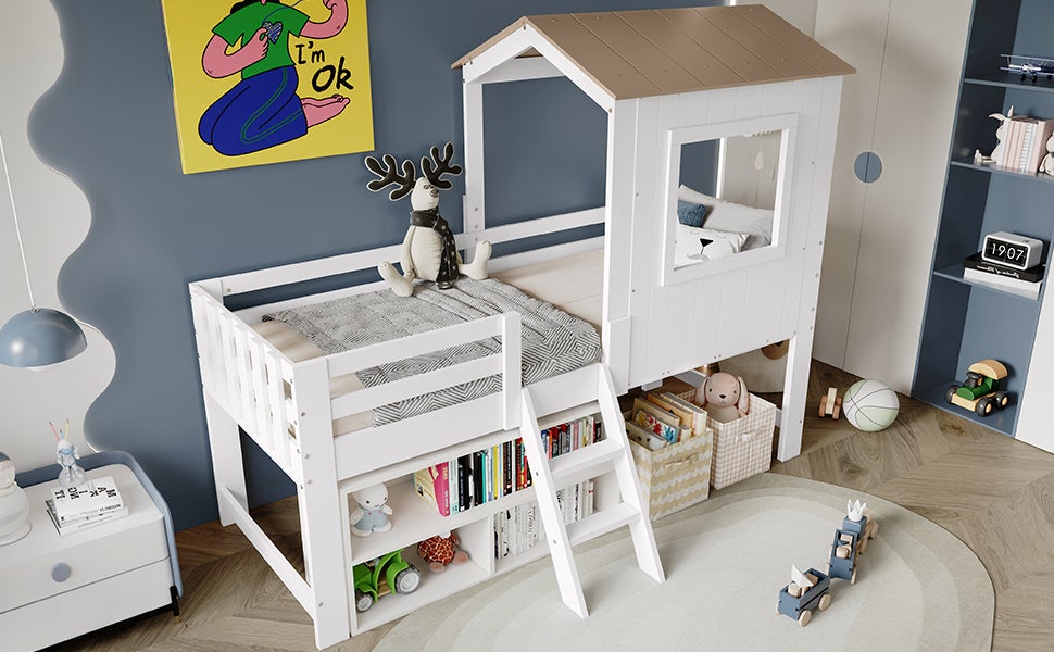 Letto per bambini 90x200 cm, letto a soppalco, letto a casetta con tetto e finestra, recinzione su quattro lati, con scaletta, bianco e naturale - 9