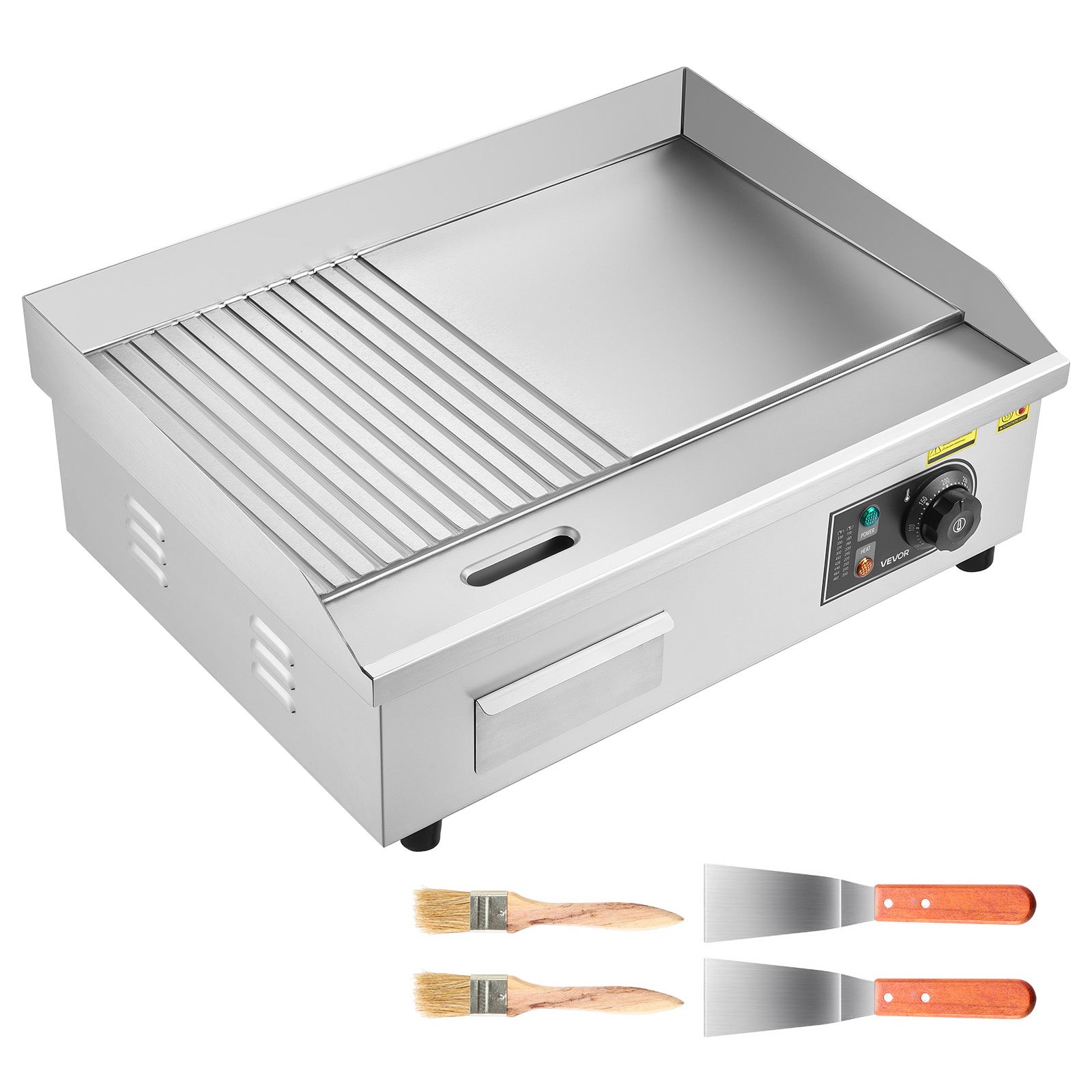 Plancha Électrique VEVOR Professionnelle 3200 W, Plaque 535 x 300 mm, Thermostat 50-300 °C, 2 Zones de Cuisson, Corps Inox, Plaque en Fer - 9