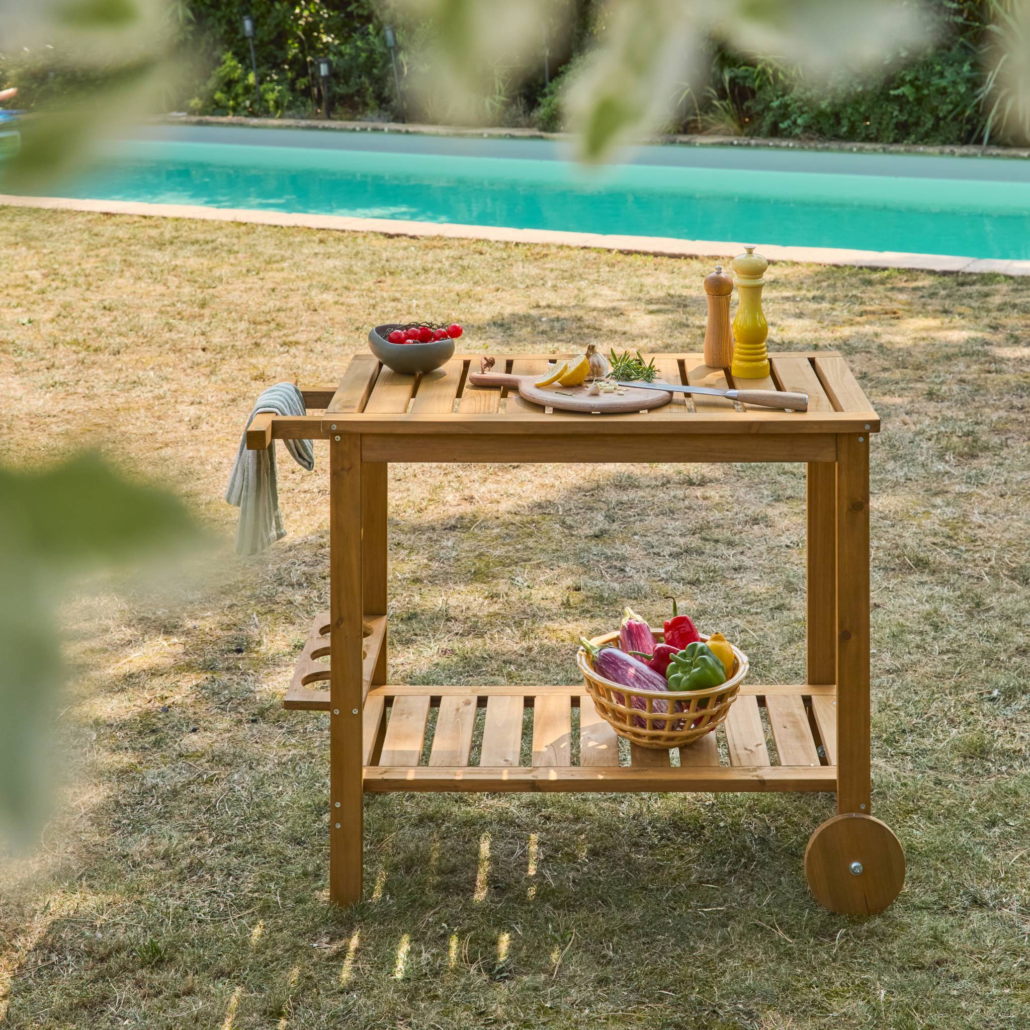 Desserte extérieure 95 cm en bois avec roues et poignée. Bois naturel. L 95 x l 47 x h 74cm AULNE - 3