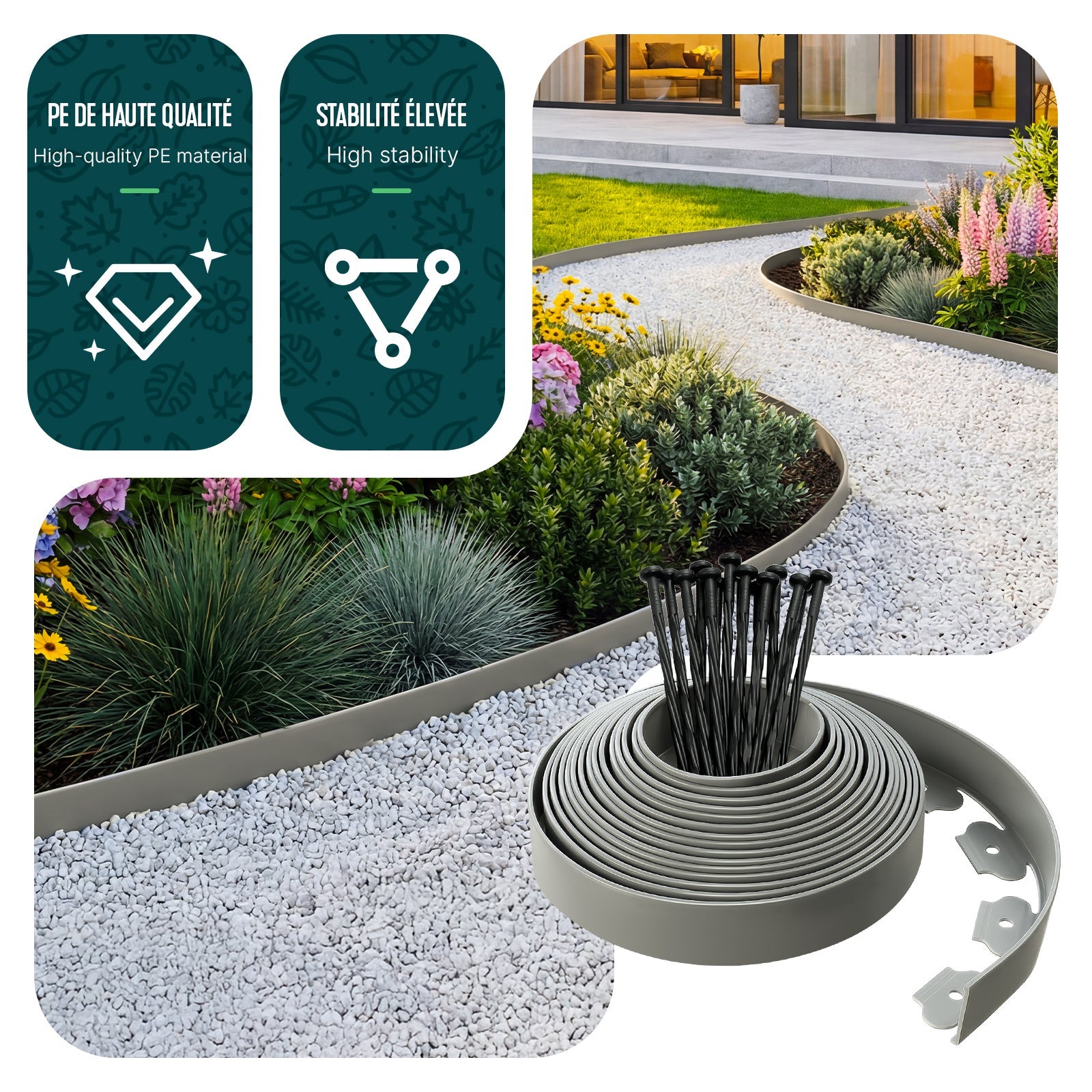 Bordure de jardin flexible plastique 10m avec 30 piquets gris - hauteur 5cm - epaisseur 4mm - VOUNOT® - 4