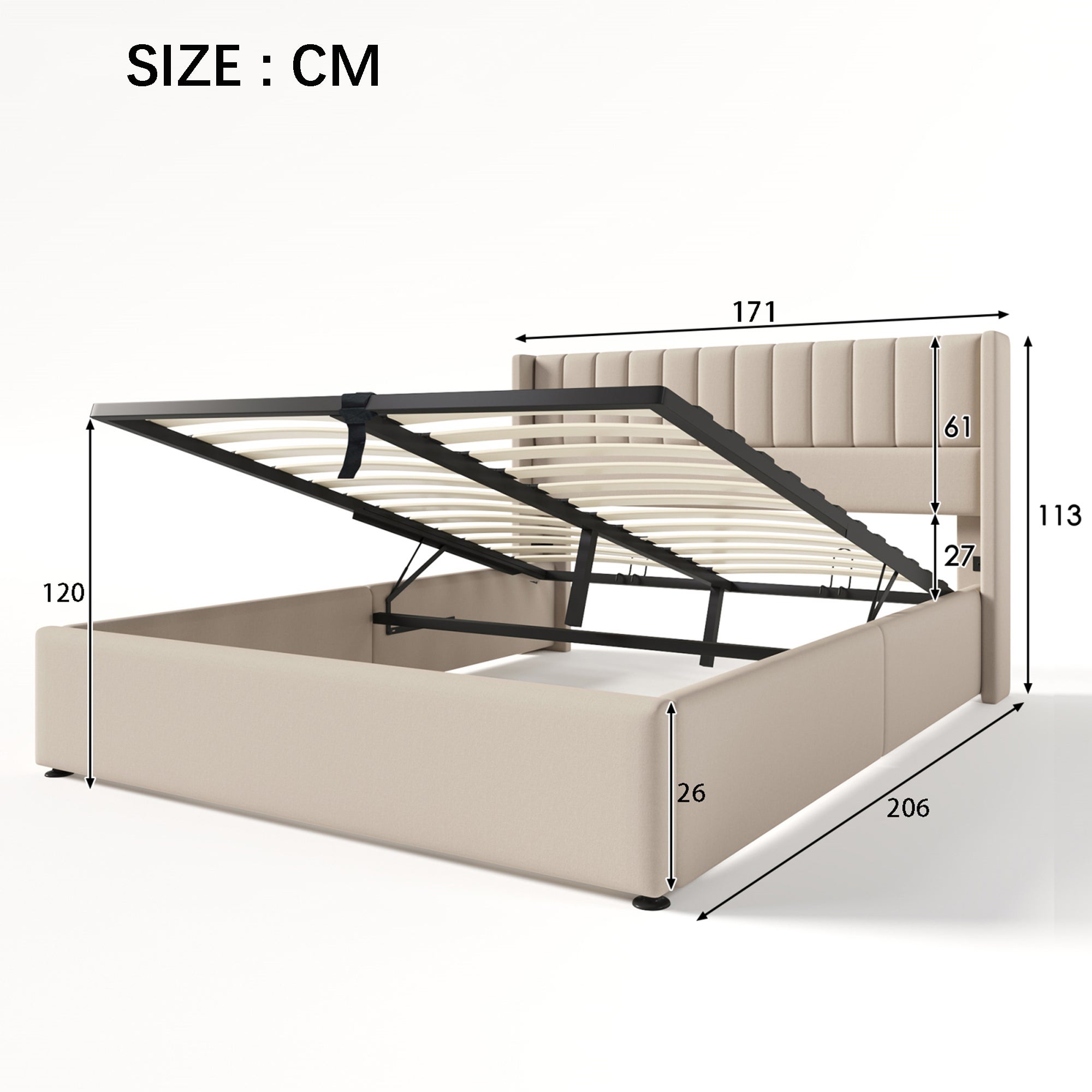 Lit coffre 160x200 cm avec hydraulique, cadre de lit double avec sommier à lattes, lit adulte, tissu en lin, 160x200 cm, beige - 6
