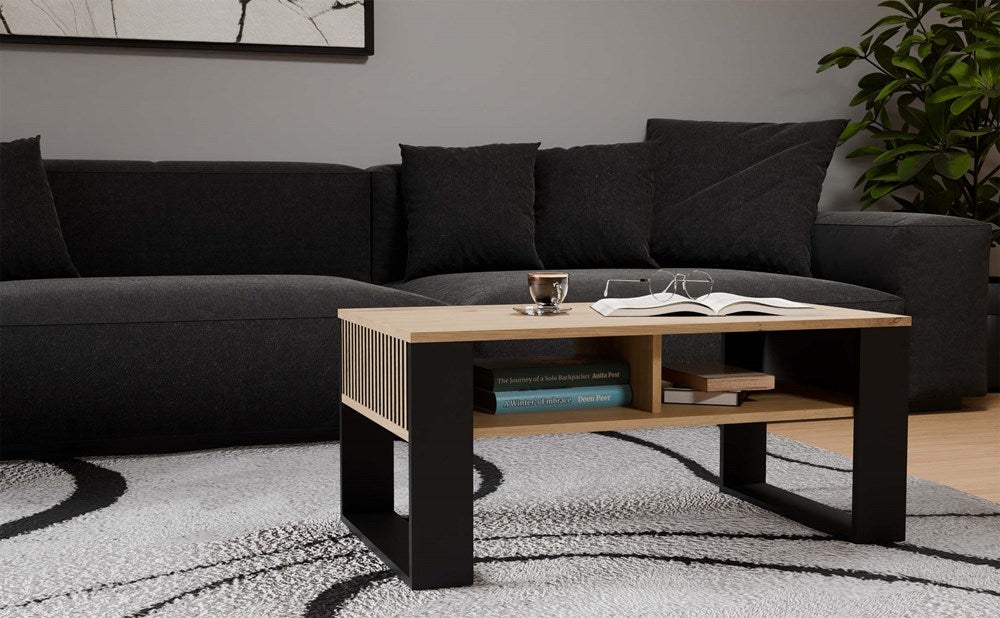 Stolik Kawowy Topeshop Ława Modern 2P Slim Dąb Artisan Czarny Lamele 58x90x50 cm 1 szt.