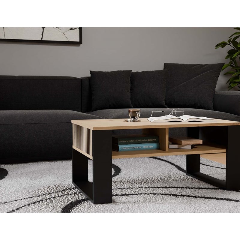 Stolik Kawowy Topeshop Ława Modern 2P Slim Dąb Artisan Czarny Lamele 58x90x50 cm 1 szt.