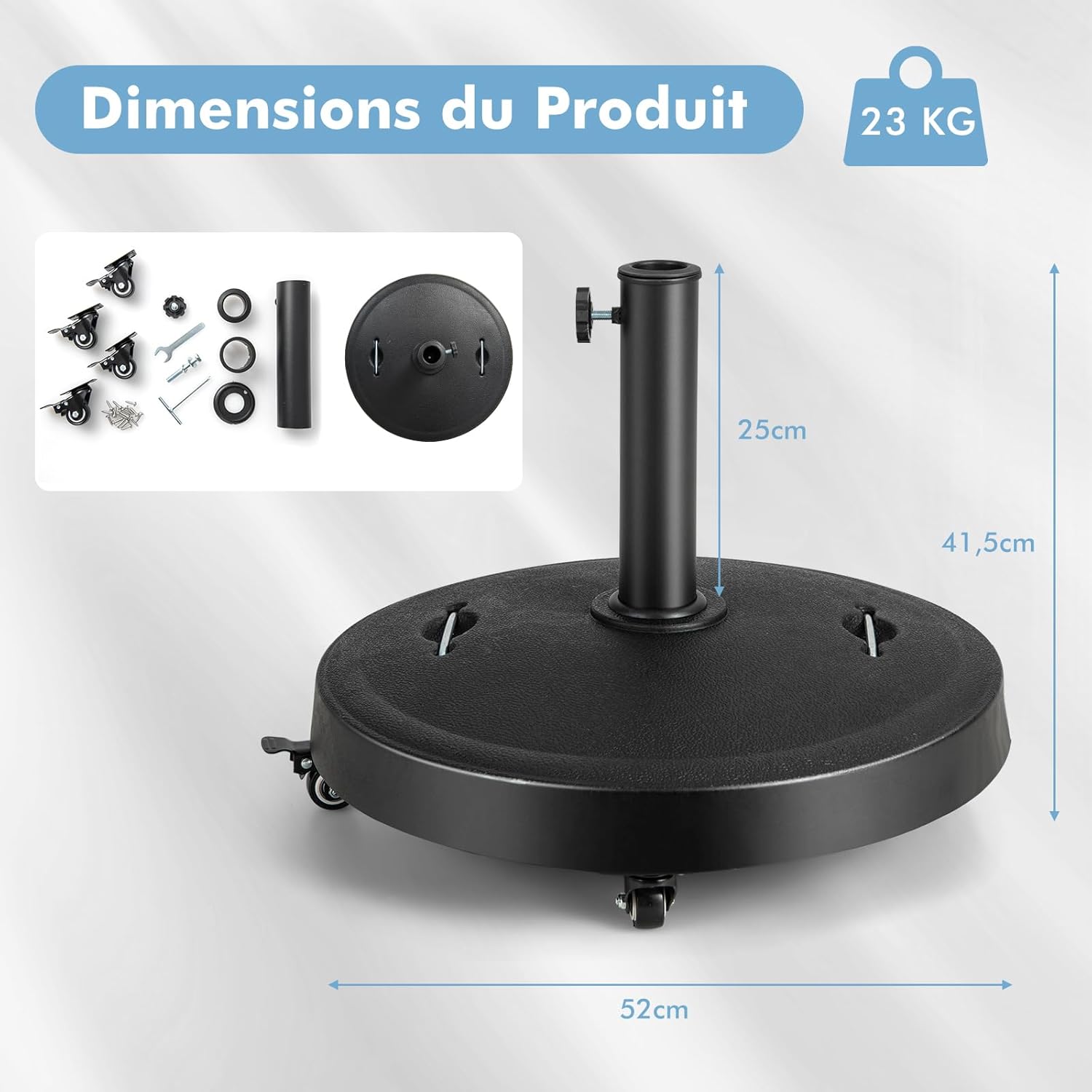 Pied de Parasol sur roulettes φ52CM 23KG, Socle Parasol Extérieur en Résine avec 2 Poignées Rétractables, pour Poteaux de Parasol 38/48 mm - 4