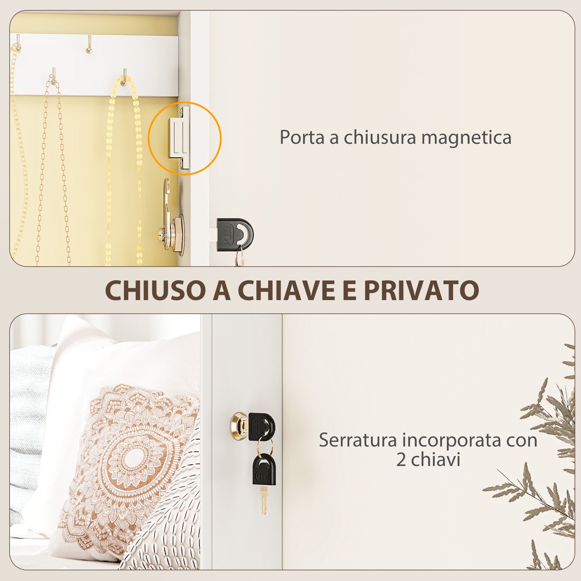 Miroir à bijoux mural , armoire à bijoux verrouillable, miroir pleine longueur en MDF pour chambre et salon, 36,5 x 9,5 x 67 cm, blanc - 7