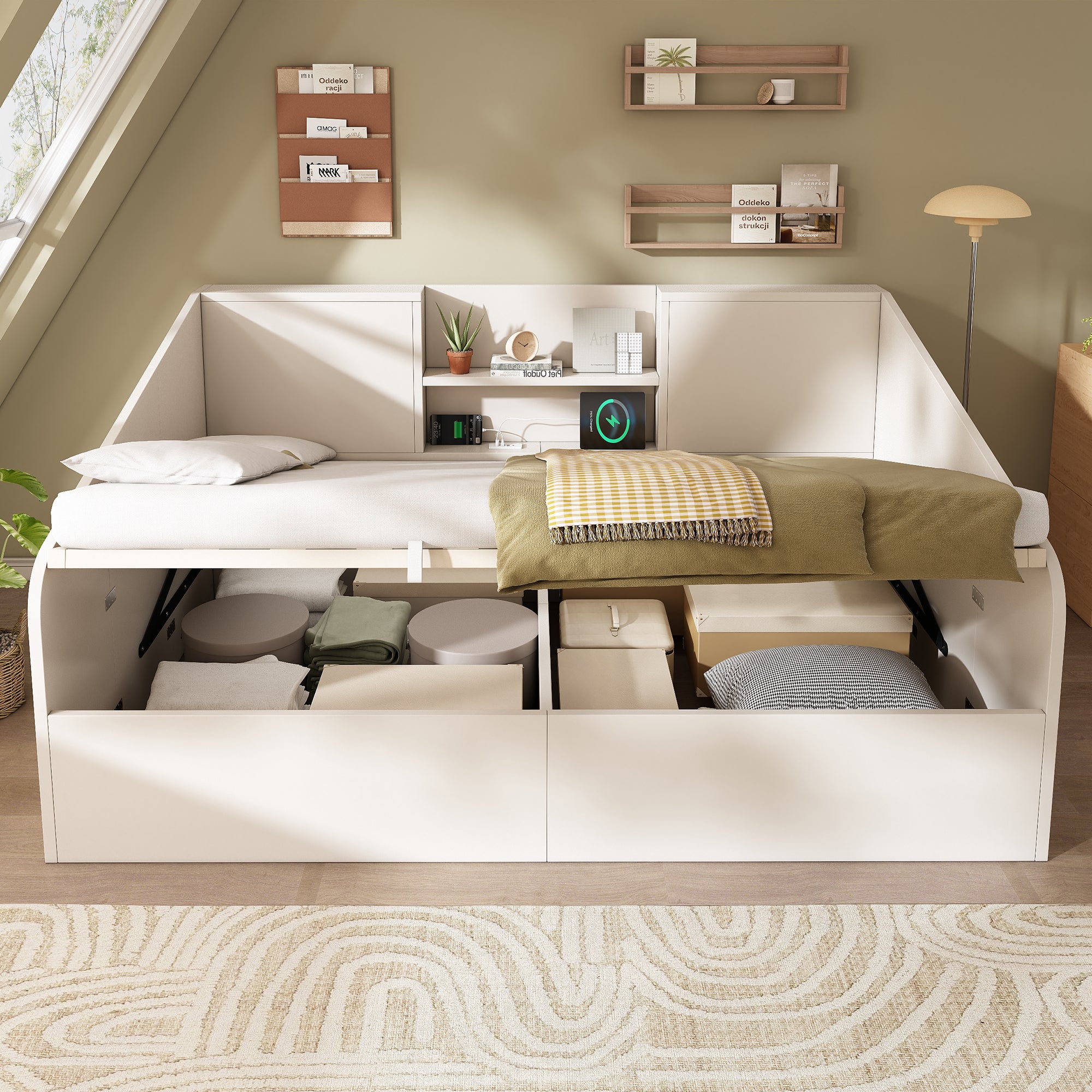 Sofa rozkładana z pojemnikiem 140x190 cm - z USB/typu C - z 2 półkami - płyta MDF + lite drewno - biała (bez materaca) - 3