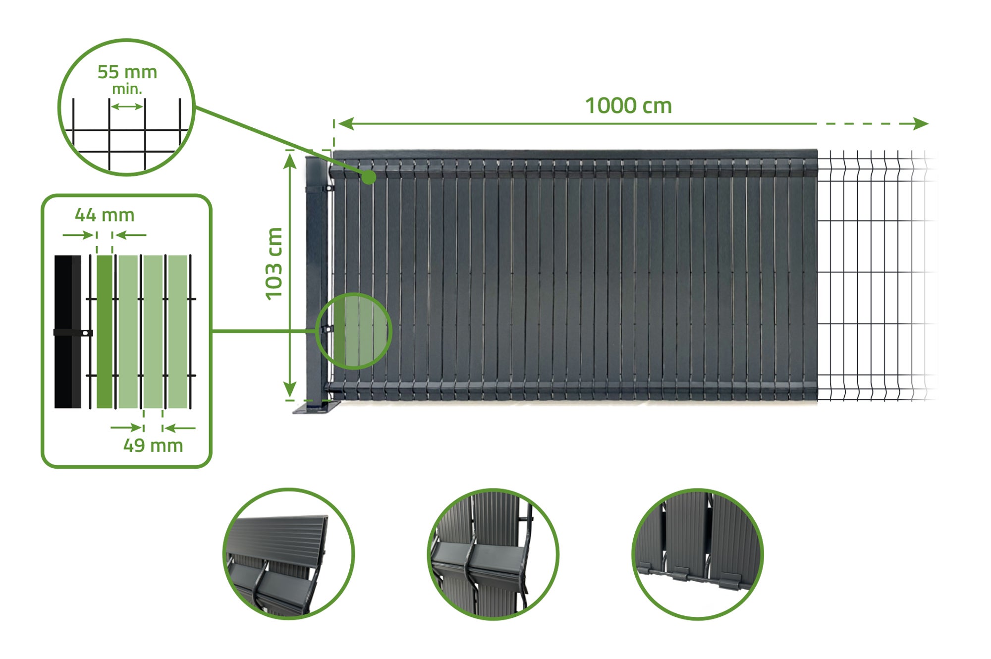 Kit lamelles occultantes PVC 10m CINTO H.100cm Gris - avec clips et profil de finition - 8