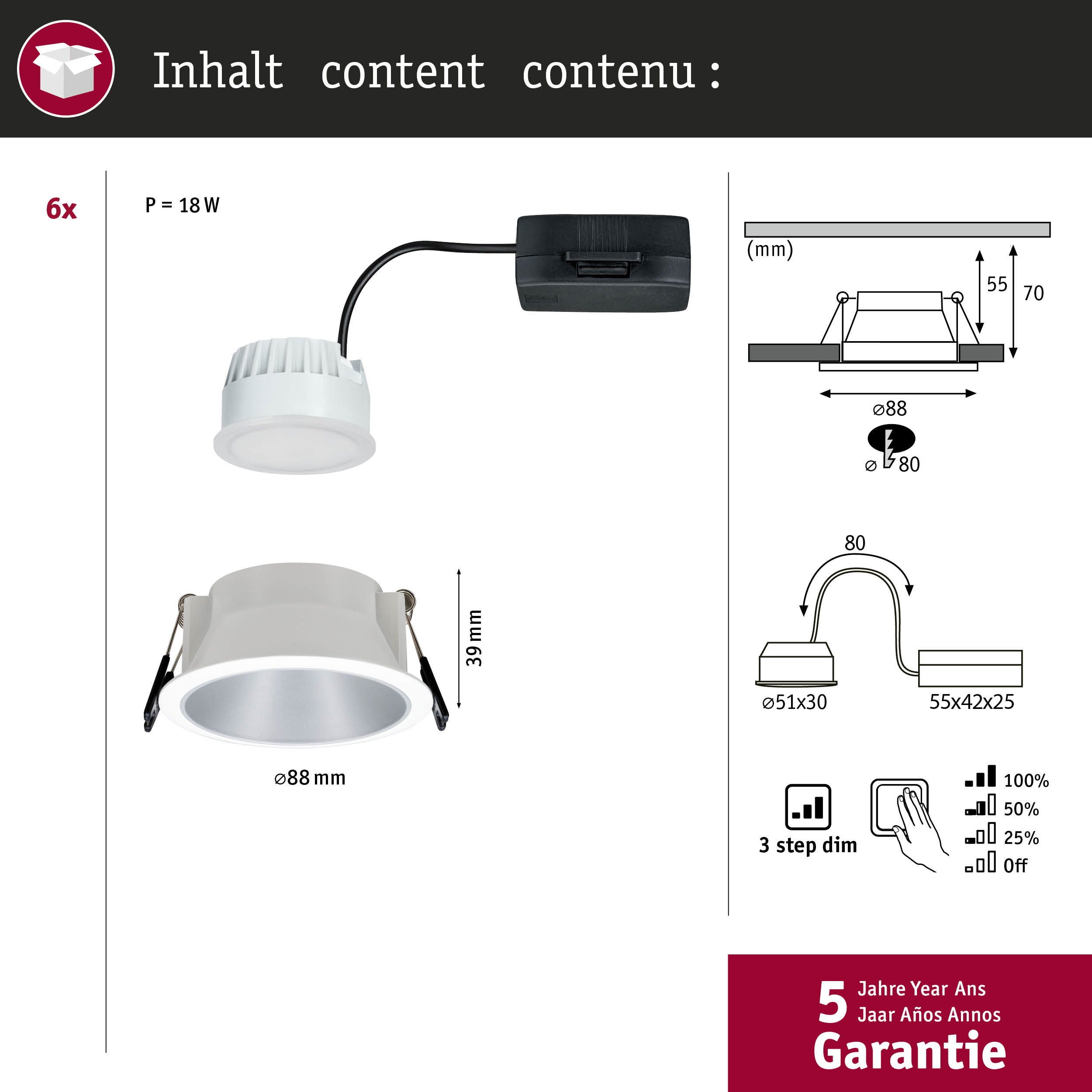 Spot encastré LED 3-Step-Dim Cole Coin Kit de 6 IP44 rond 88 mm Coin 6x6W 6x470lm 230V gradable 2700K Blanc, Argent mat - 3