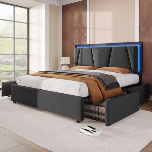 Letto Con Testiera E Contenitore - 180 X 200 Cm - 4 Cassetti - Tessuto In Velluto - Illuminazione LED - Rete A Doghe - Beige | Leroy Merlin