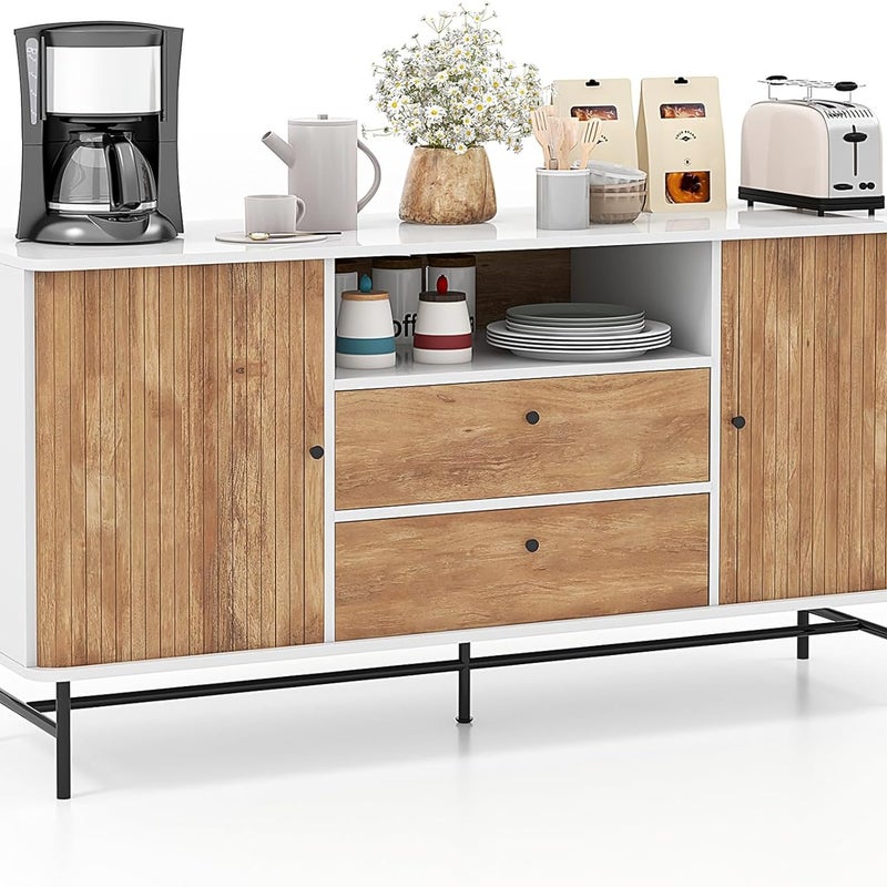 Drewniana komoda bufetowa z drzwiami przesuwnymi i 2 szufladami, bufet z metalowymi nogami i ochroną przed przewróceniem, jadalni, salonu, biały +