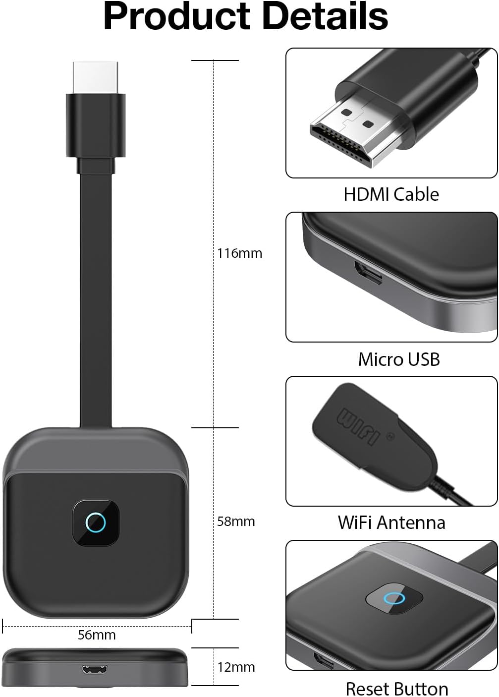 Wireless HDMI Adapter, Dongle HDMI sans Fil Miracast 1080P Adaptateur d'Affichage HDMI sans Fil Double Bande 5 GHz/2,4 GHz Compatible avec iOS/Androi - 3