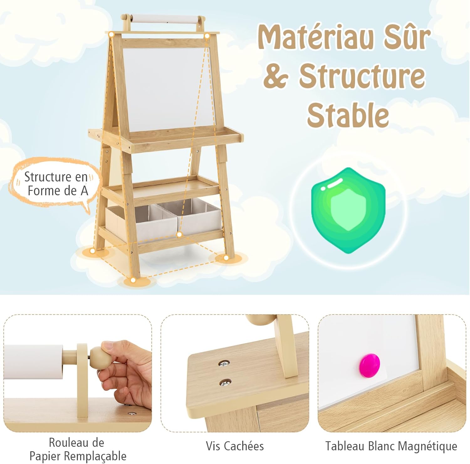 Tableau Enfant Double Face, Chevalet Enfant avec Tableau Blanc/Noir Effacable, Tableau Magnétique, Tableau a Craie pour 3+ Ans, Naturel - 2