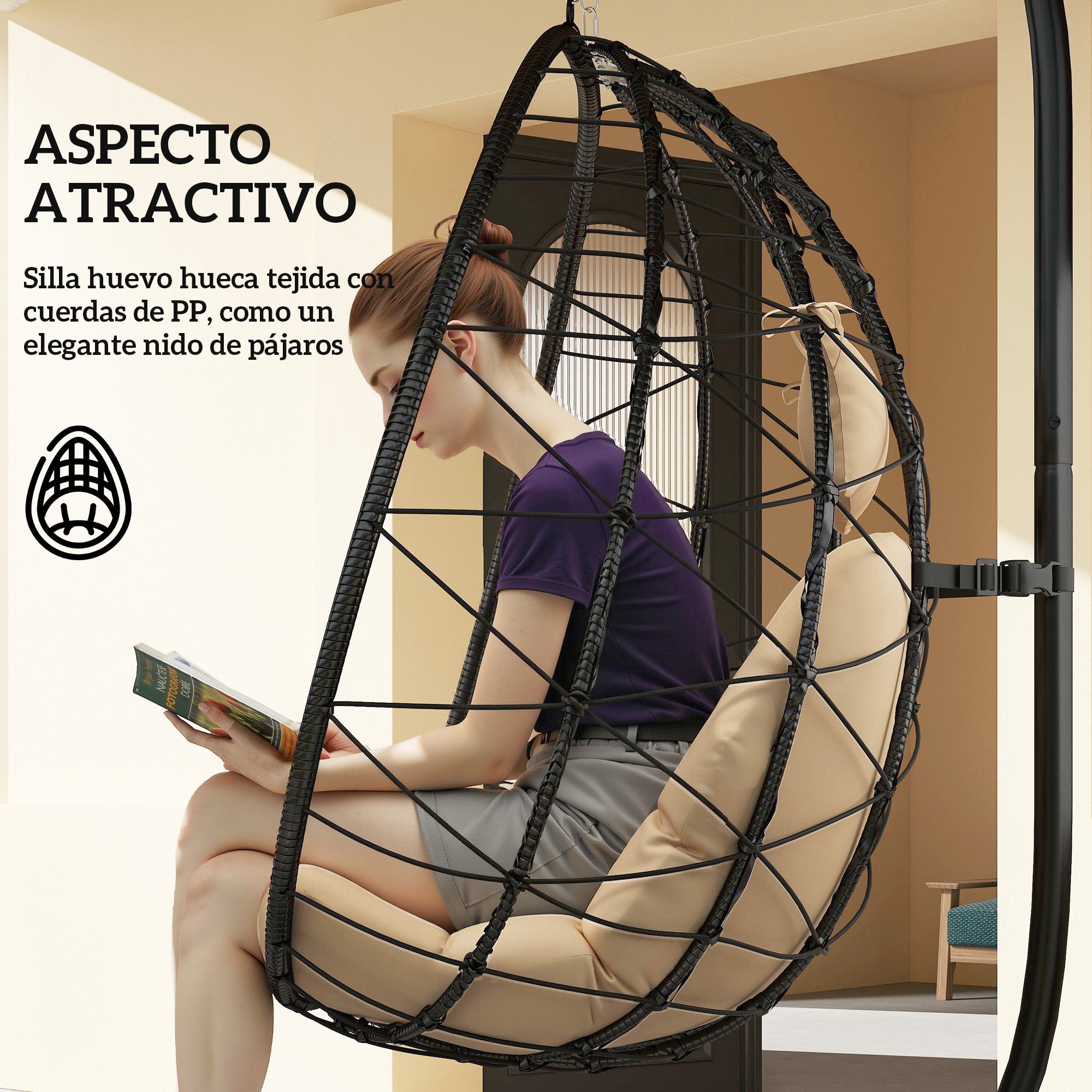 Cadeira Suspensa Outsunny Aço e Poliéster Cáqui 98x95x198 cm - 6