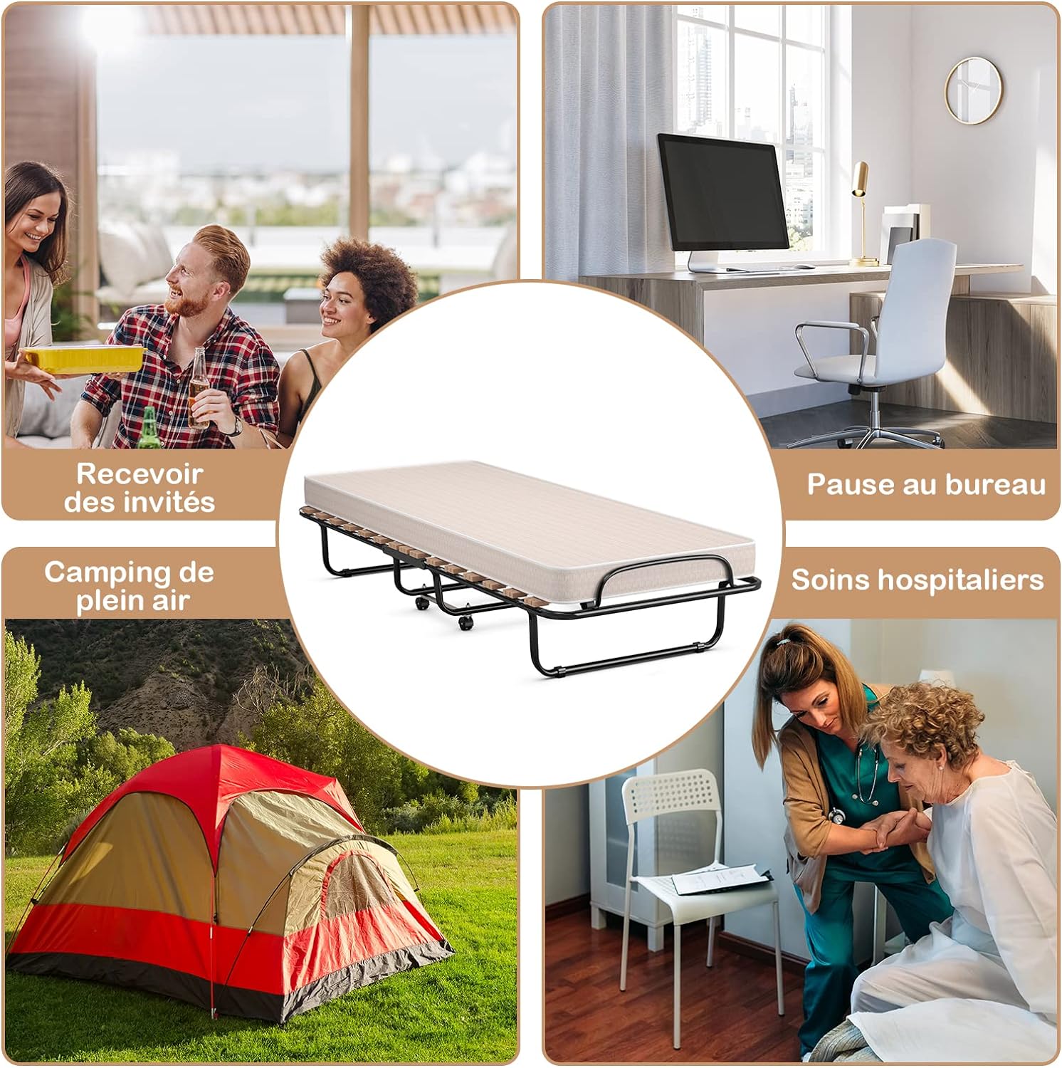 Lit Pliant 190 x 80 cm avec Memoire de Forme, Lit d’Appoint avec Cadre en Acier et 4 roulettes Universelles, Lit Pliable Fabriqué en Italie - 4