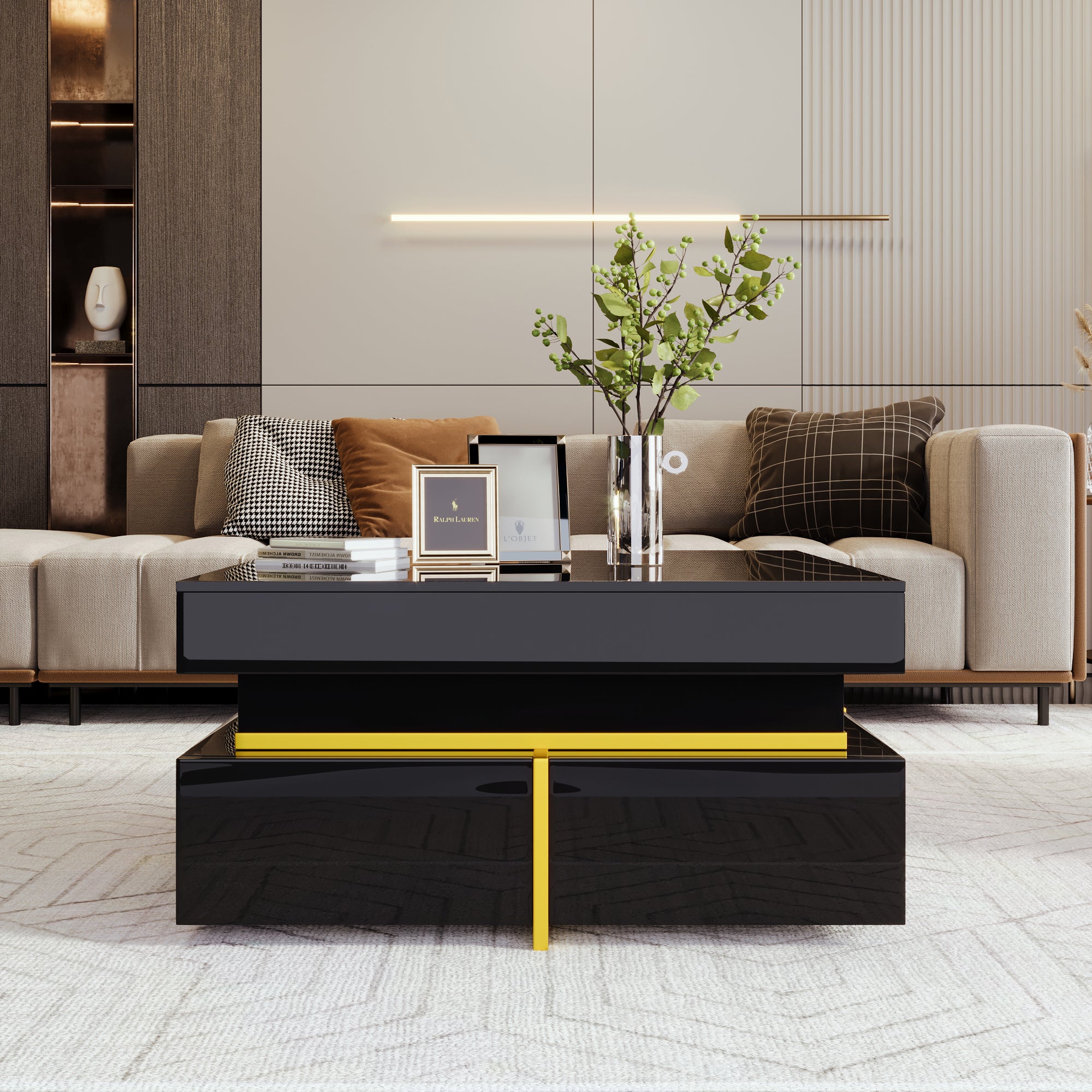 Table basse, table de salon brillante, table d'appoint avec tiroirs et touches dorées - 5