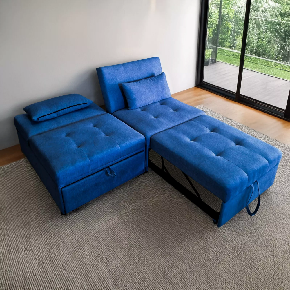 VidaXL Divano Letto 2 Posti e Due Cuscini e Poggiapiedi Blu in Tessuto | Leroy Merlin