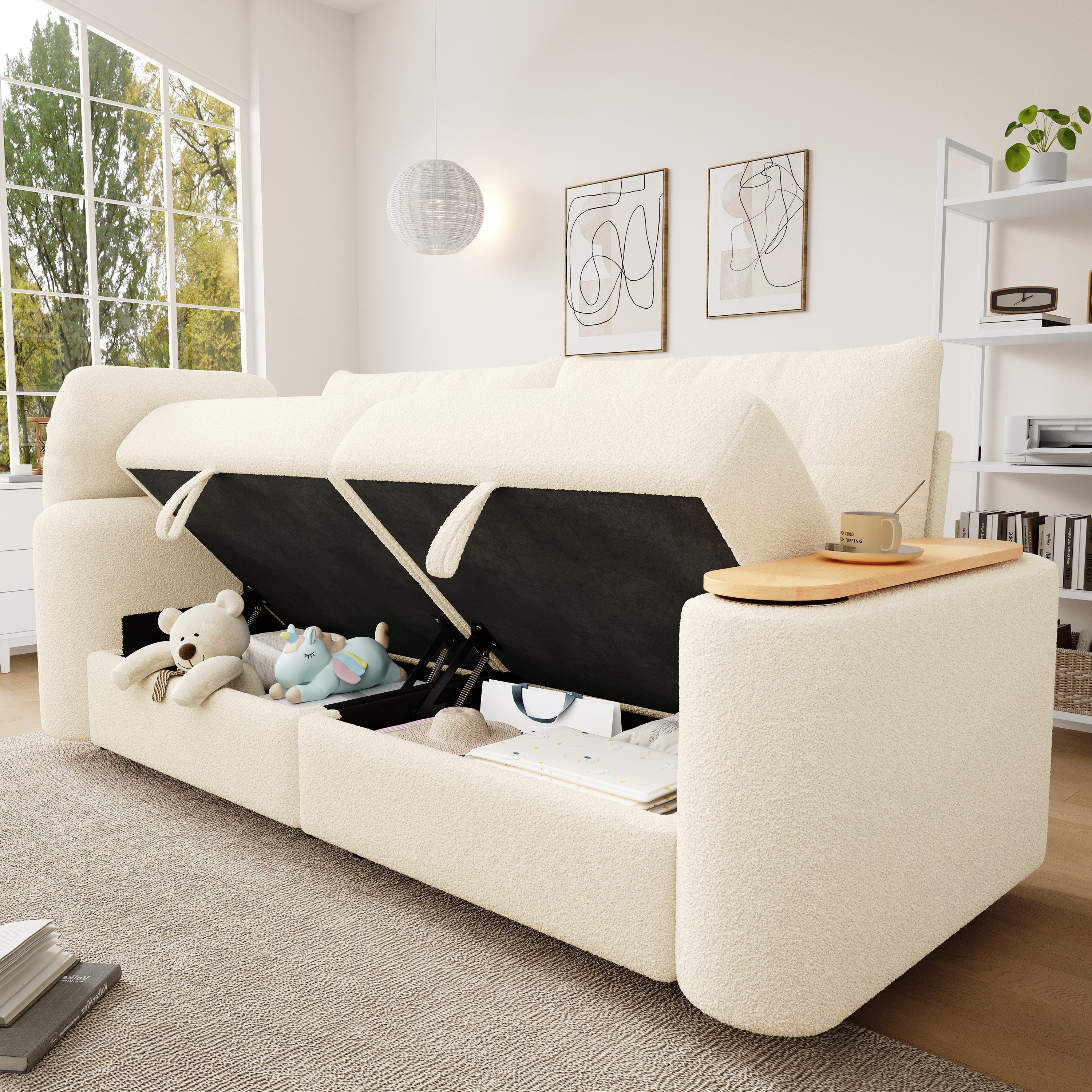 Canapé 3 places avec coffre de rangement et table d'appoint - 207.5 x 80 x 87 cm - Tissu en peluche - Beige - 4
