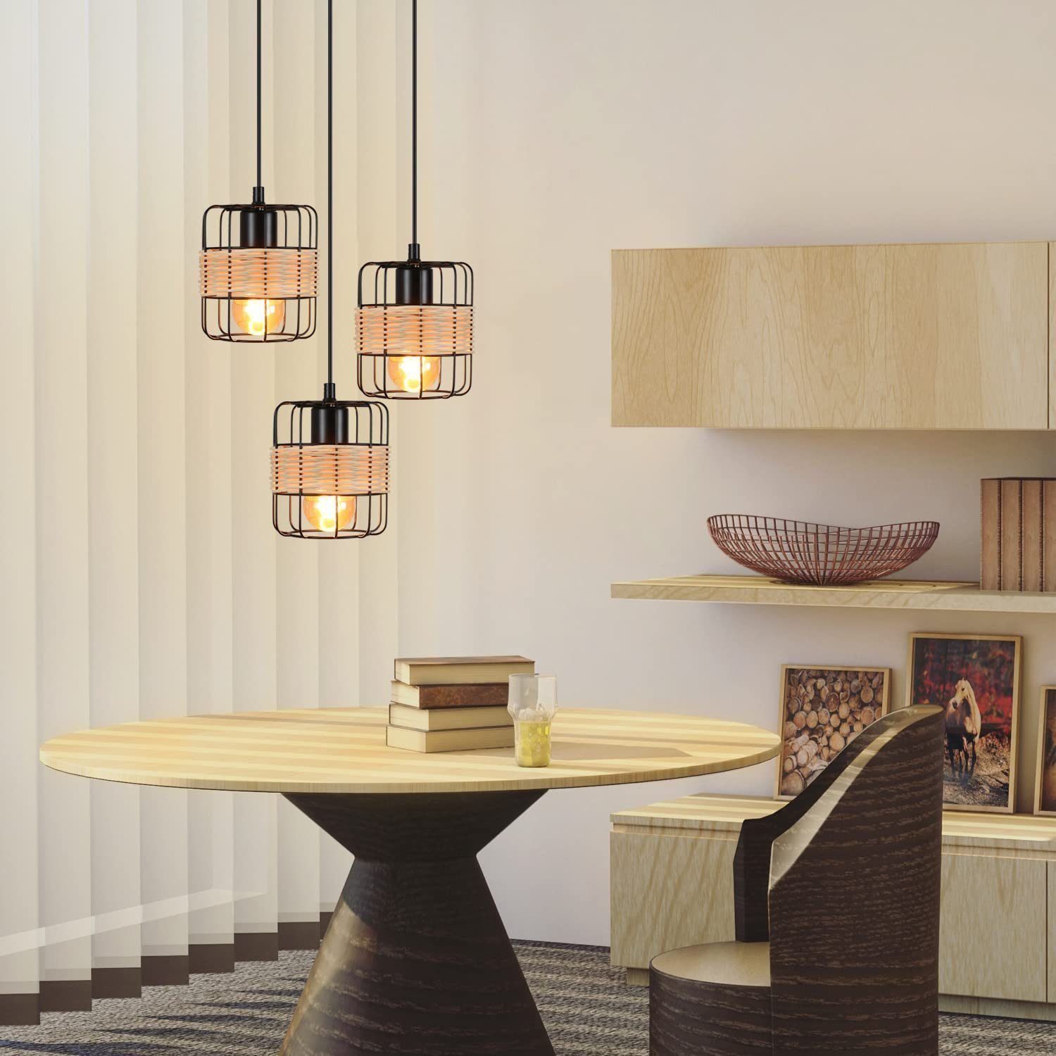 Lustre Suspension 3 Abat-jour Rotin - Style Bohème Vintage - E27, Hauteur Réglable 120 Cm - Pour Salon, Cuisine
