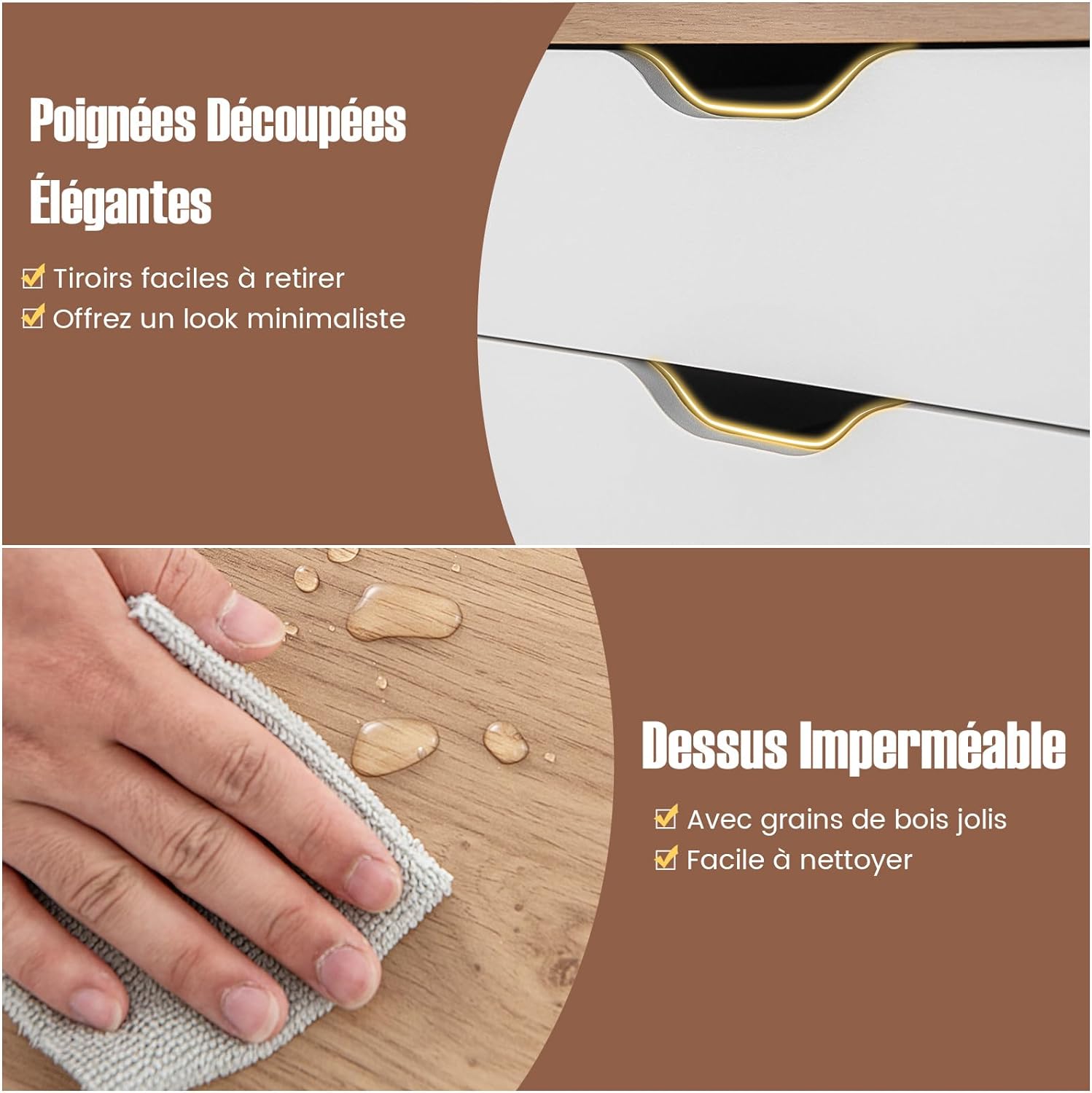 Caisson Bureau 5 Tiroirs à Roulette avec Poignée, Caisson Rangement pour A4, Lettre, 2 Roues avec Frein (Blanc Naturel,49 x 40 x 65 cm) - 4