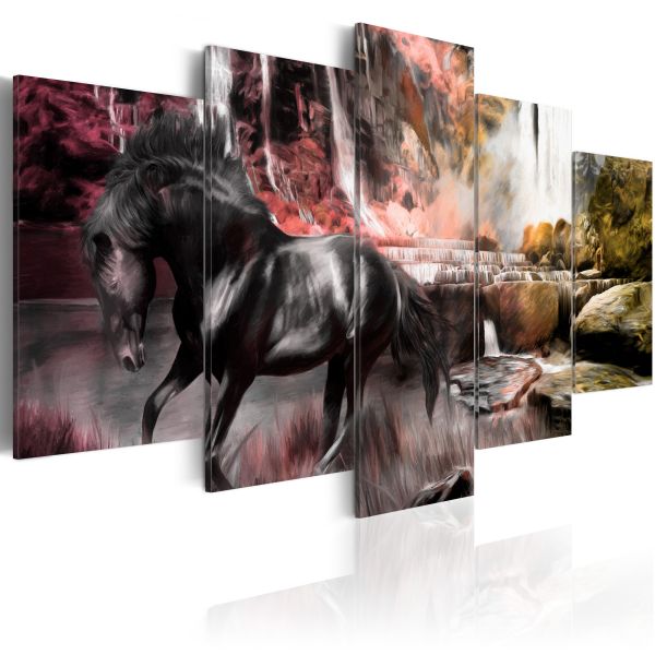 Tableau Toile Cheval Noir Prairie - Impression 100x50 Cm - Style Moderne