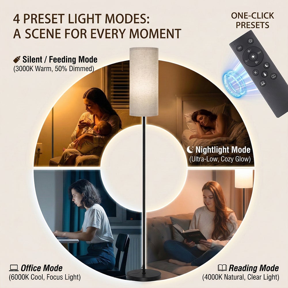 Lampadaire LED 12W Dimmable avec Télécommande Magnétique, Abat-Jour en Lin, Noir, 160 cm (Ampoule incluse) - 4